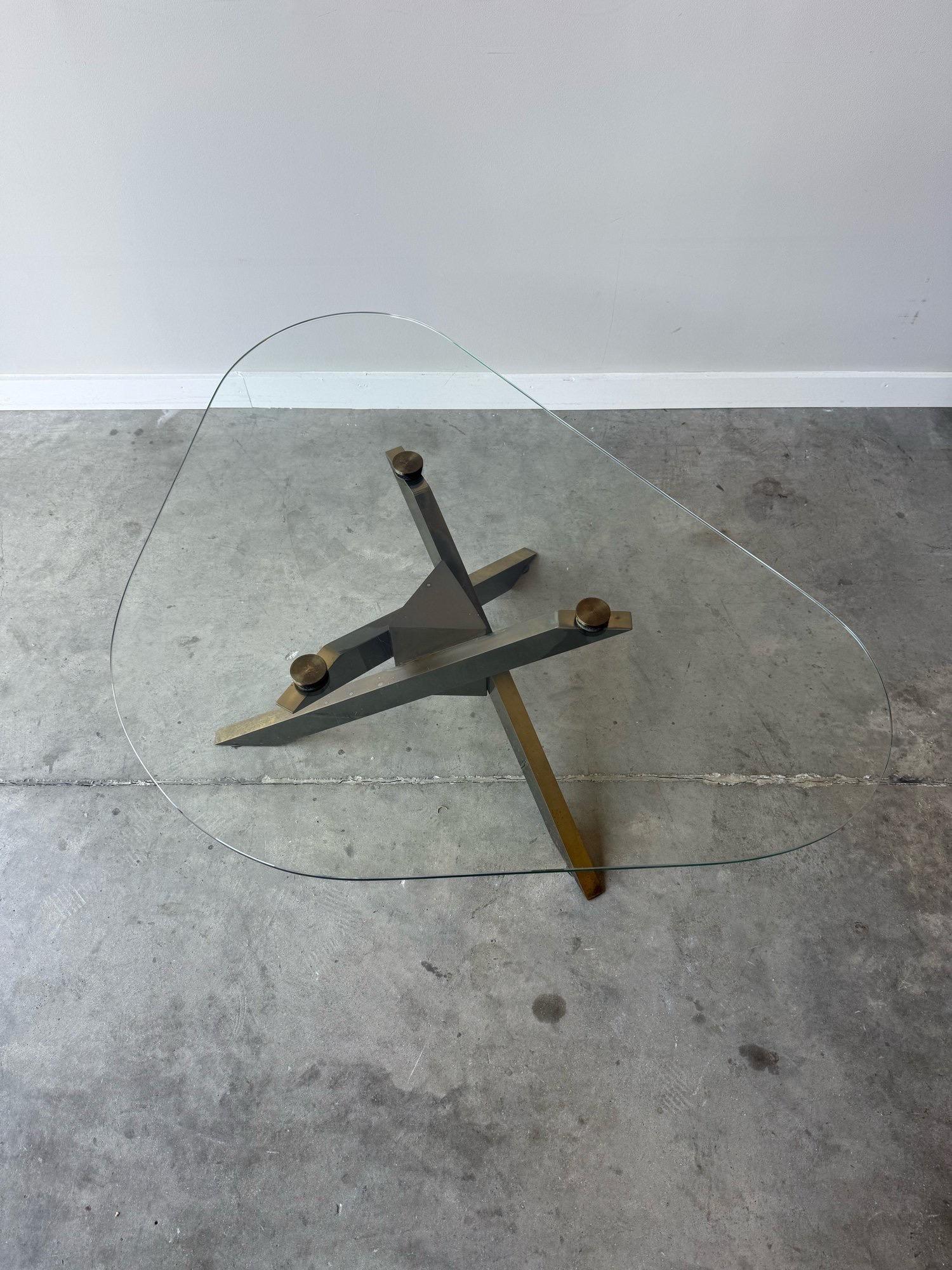 Brutalist 1970s Geometric Brass and Glass Tripod Coffee Table For Sale