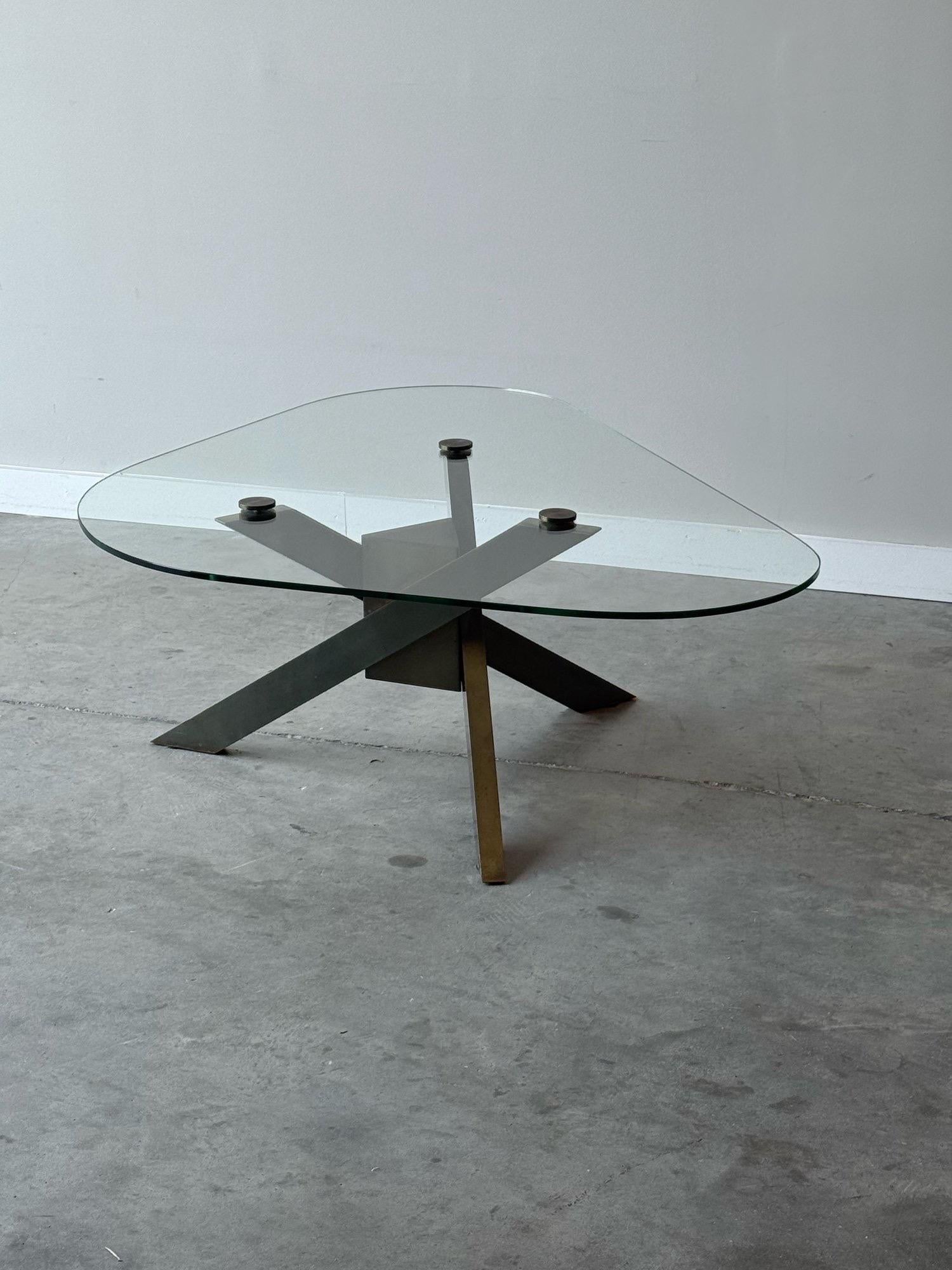 American 1970s Geometric Brass and Glass Tripod Coffee Table For Sale