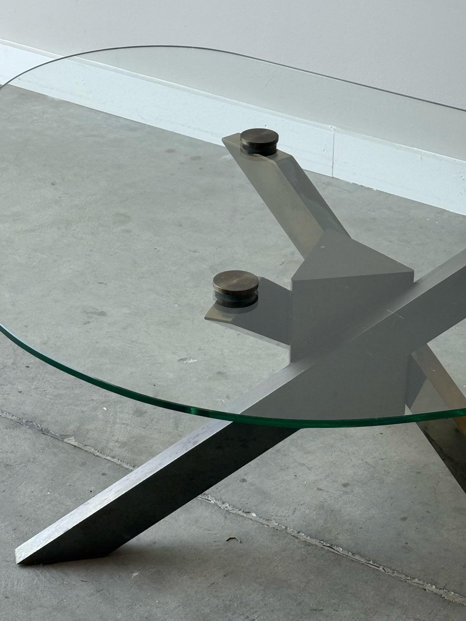 1970s Geometric Brass and Glass Tripod Coffee Table In Good Condition For Sale In Raleigh, NC