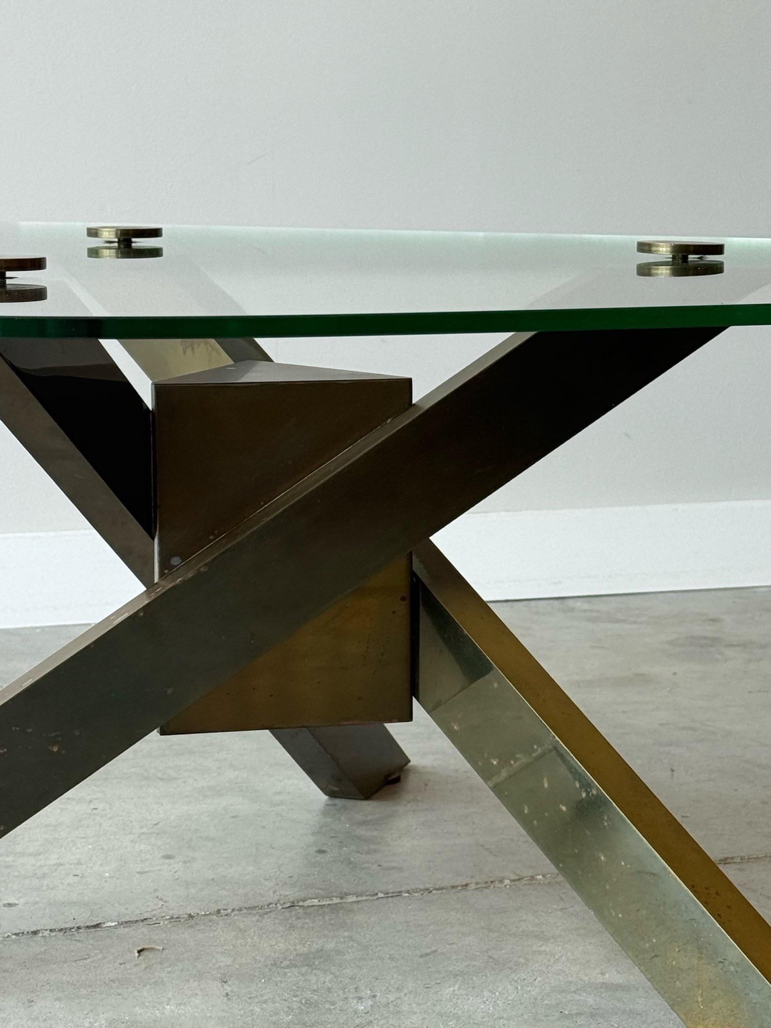 Late 20th Century 1970s Geometric Brass and Glass Tripod Coffee Table For Sale