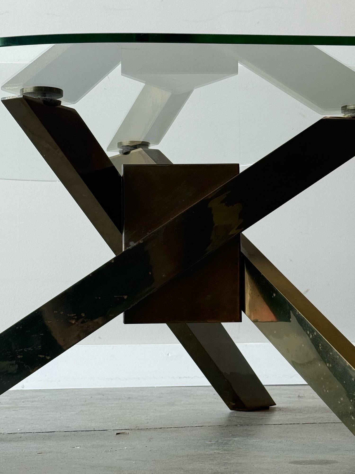 Metal 1970s Geometric Brass and Glass Tripod Coffee Table For Sale
