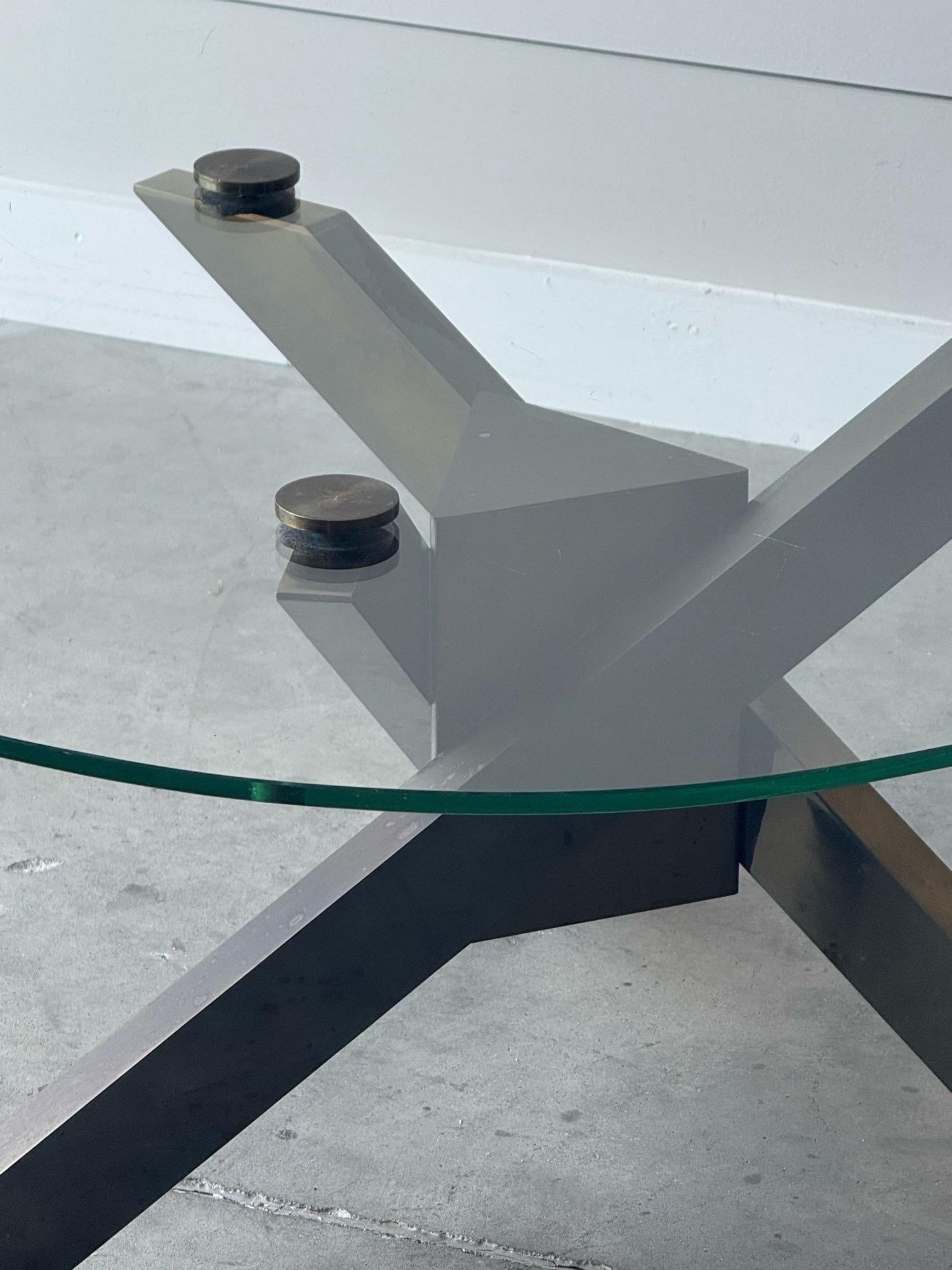 1970s Geometric Brass and Glass Tripod Coffee Table For Sale 1