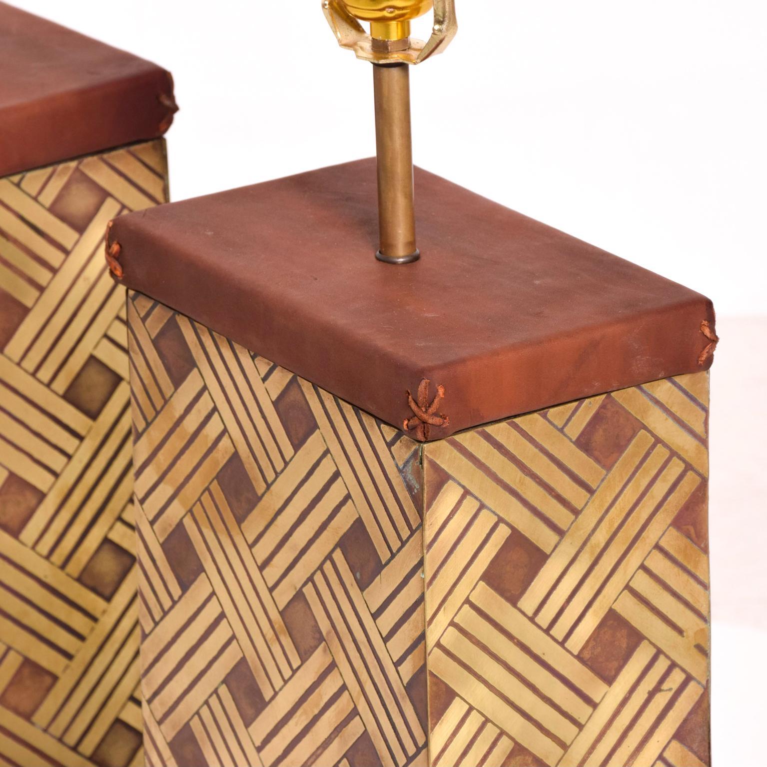 Mid-Century Modern  1970s Geometric Bronze Leather & Wood Table Lamps Luis Barragan Modernism