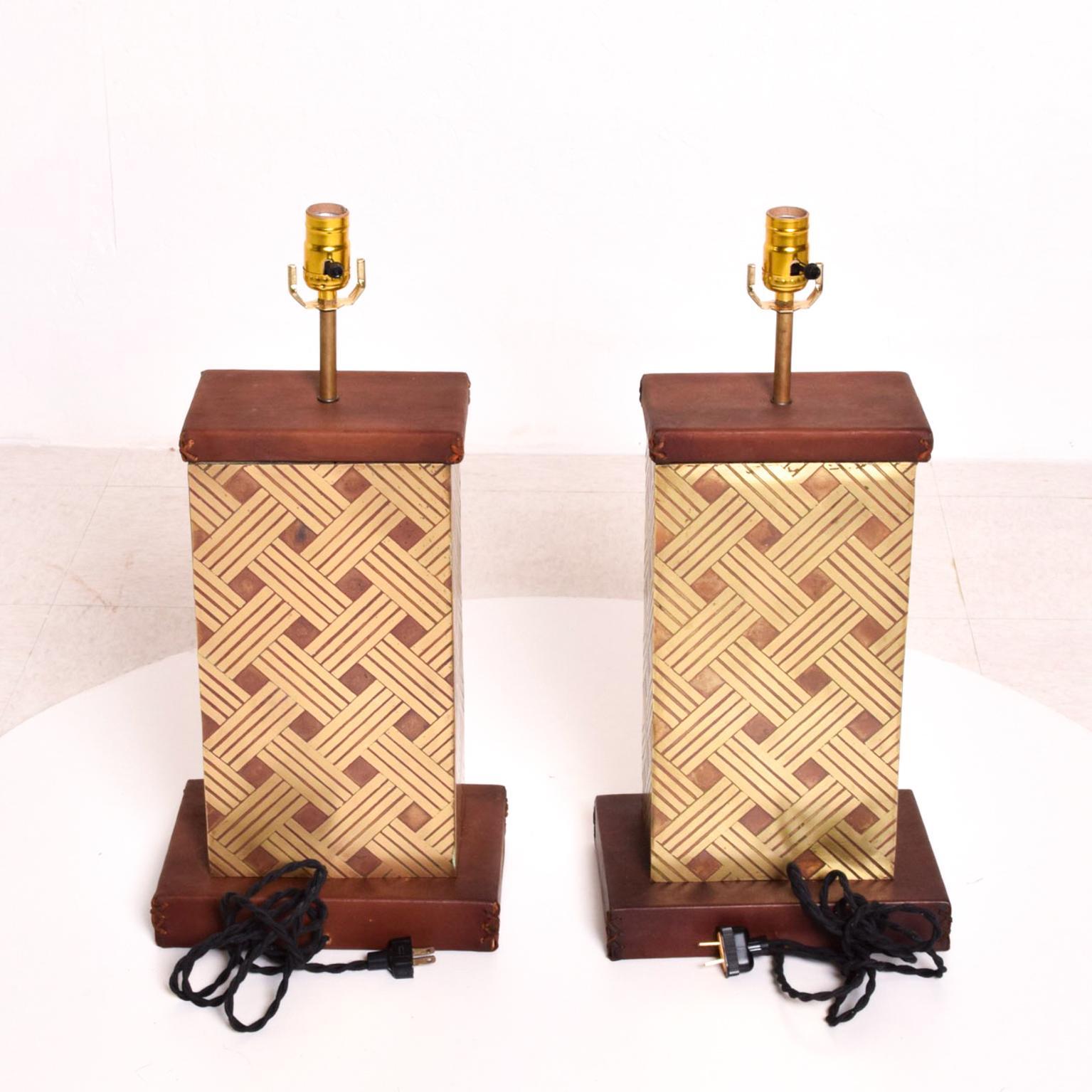 Late 20th Century  1970s Geometric Bronze Leather & Wood Table Lamps Luis Barragan Modernism