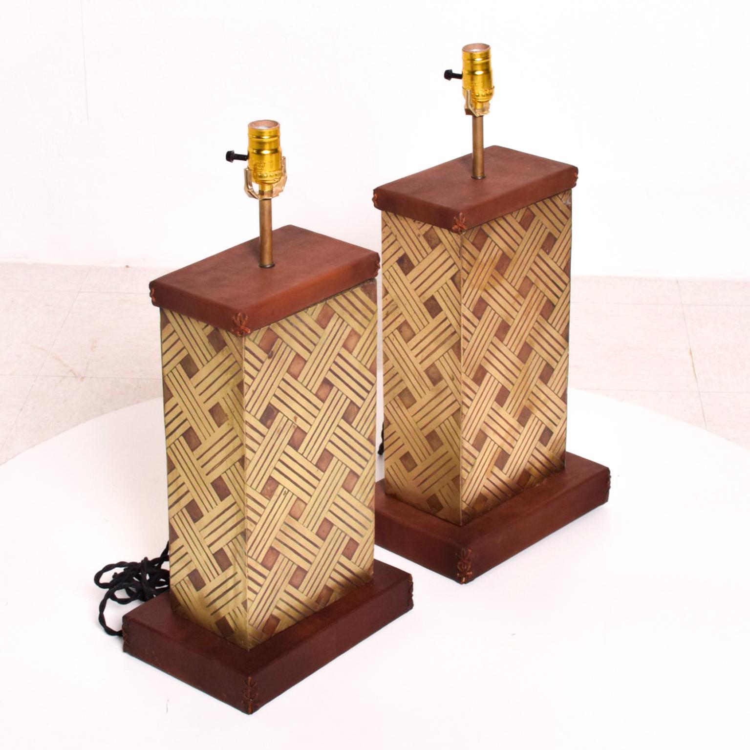 Brass  1970s Geometric Bronze Leather & Wood Table Lamps Luis Barragan Modernism