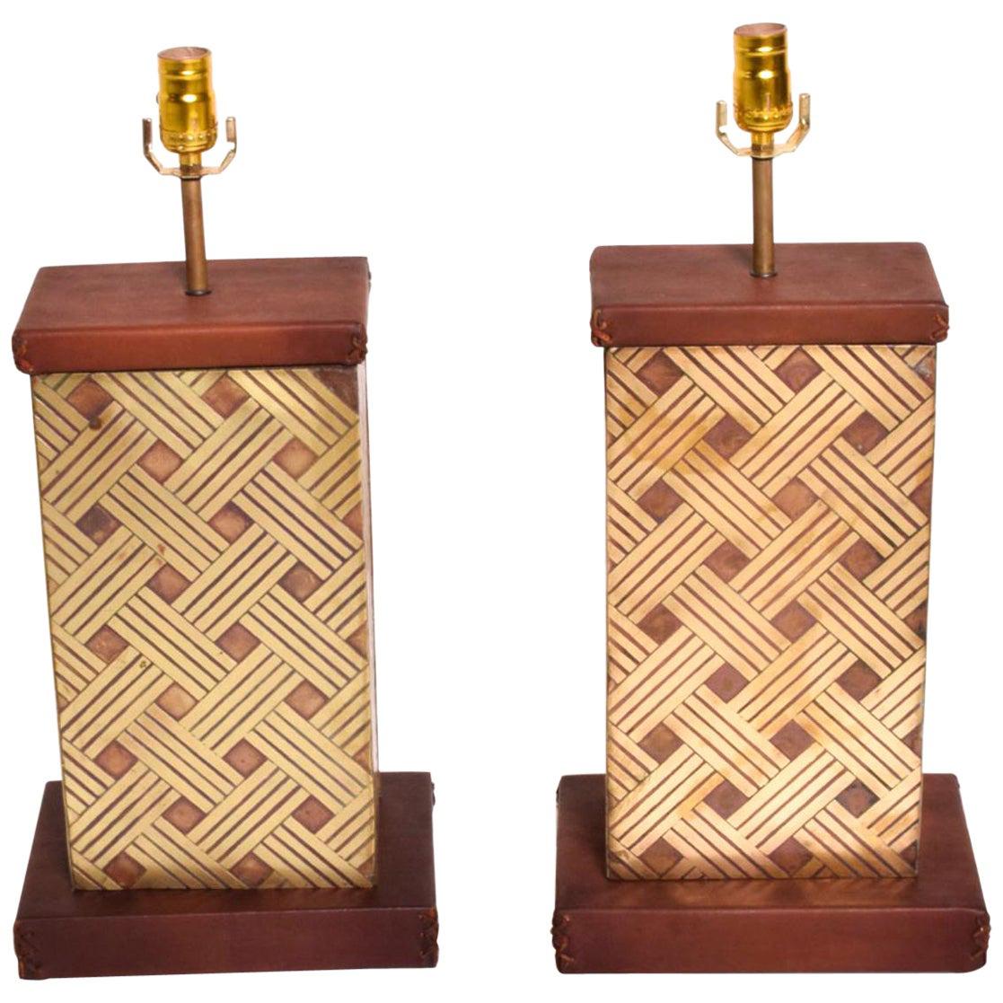  1970s Geometric Bronze Leather & Wood Table Lamps Luis Barragan Modernism