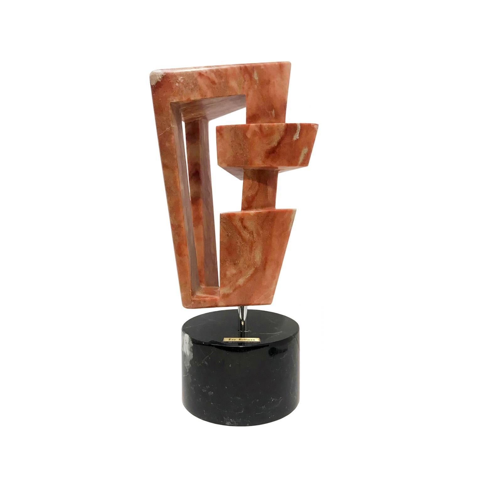 1970s Geometric Coral Marble Sculpture on Marble Base