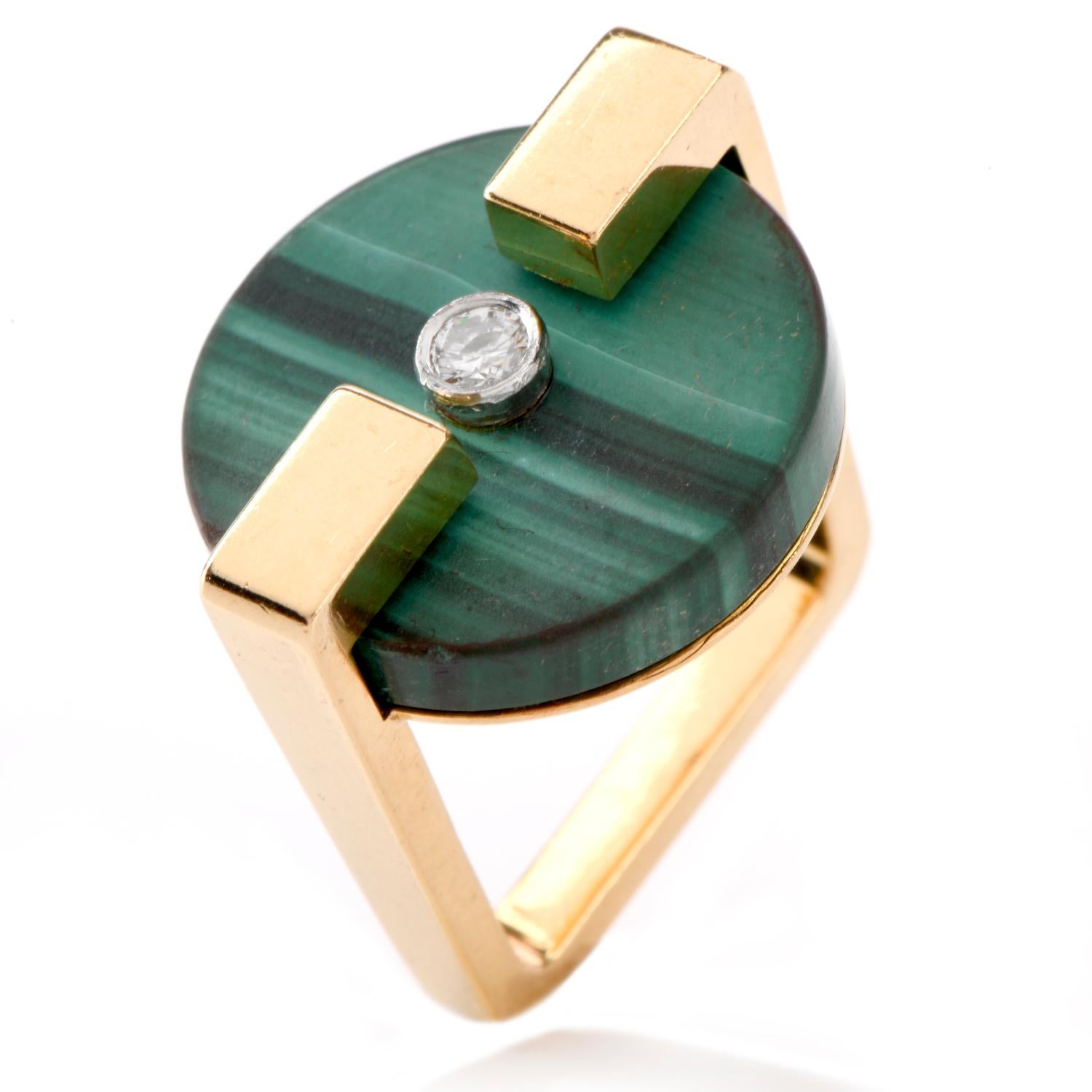 1970s Geometric Diamond Malachite 18 Karat Gold Cocktail Ring 2