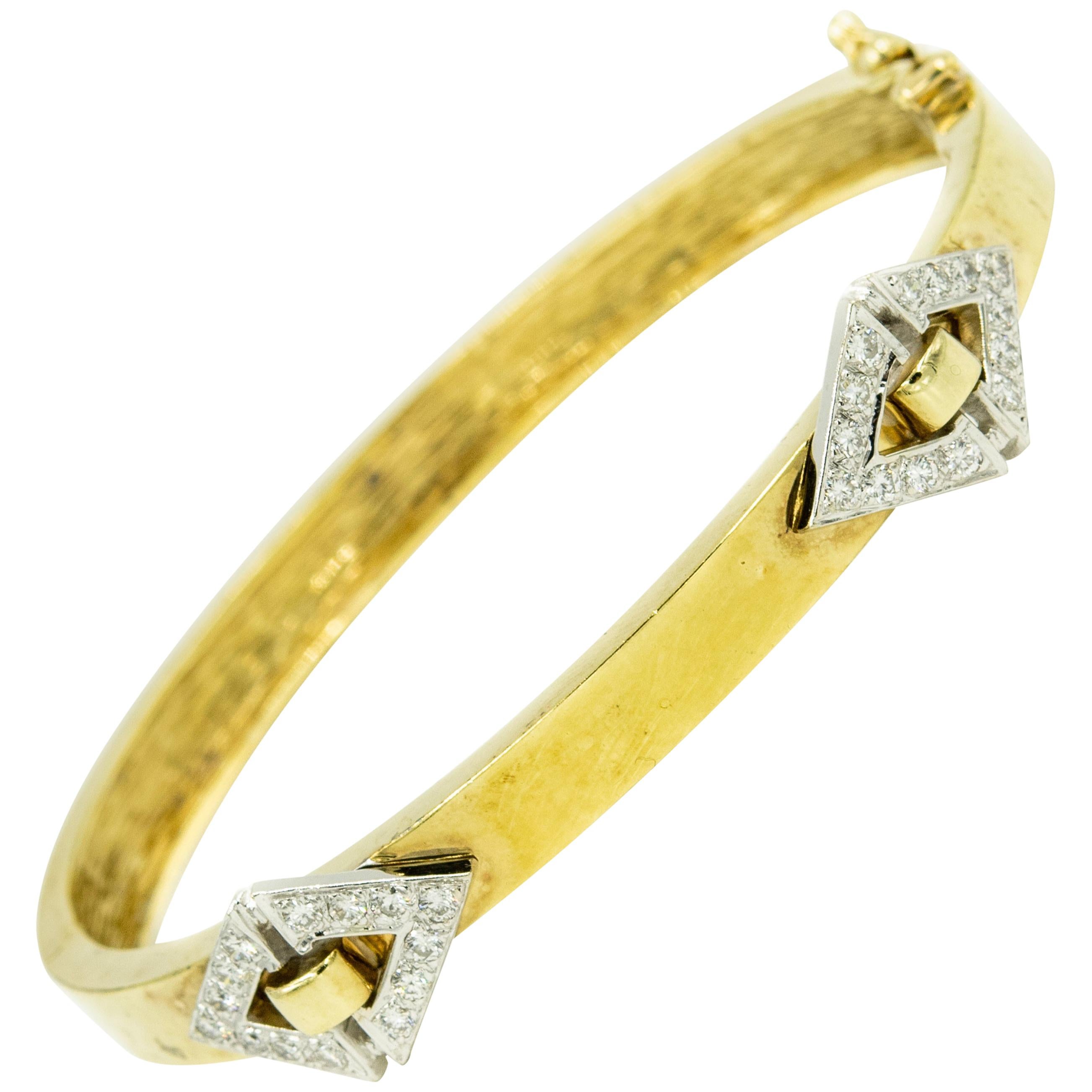 1970s Geometric Diamond Shaped Diamond and 14 Karat Yellow Gold Bangle Bracelet