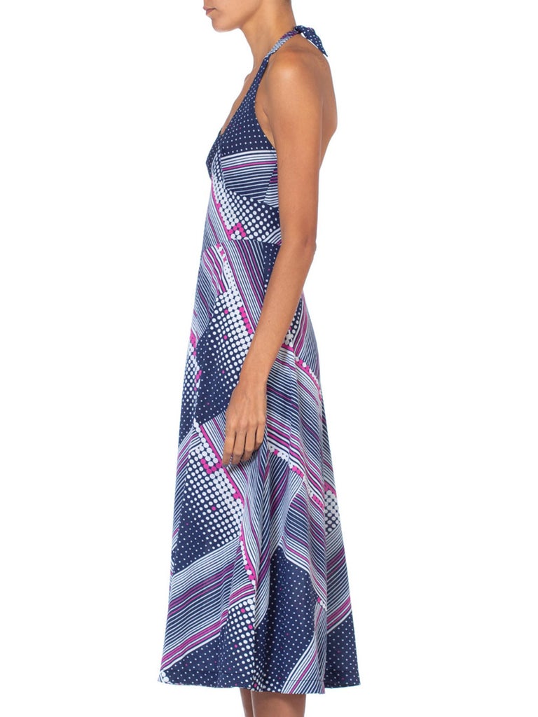 1970s Plunge Front Backless Halter Gathered Sides Jersey Dress