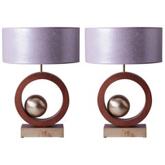 1970s Geometric French Brass and Wood Table Lamps