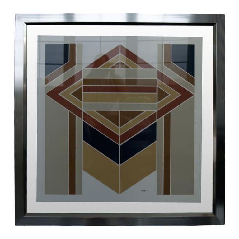 1970s Geometric lithograph in floating  chrome and glass frame For Sale