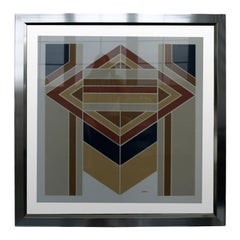 1970s Geometric lithograph in floating  chrome and glass frame