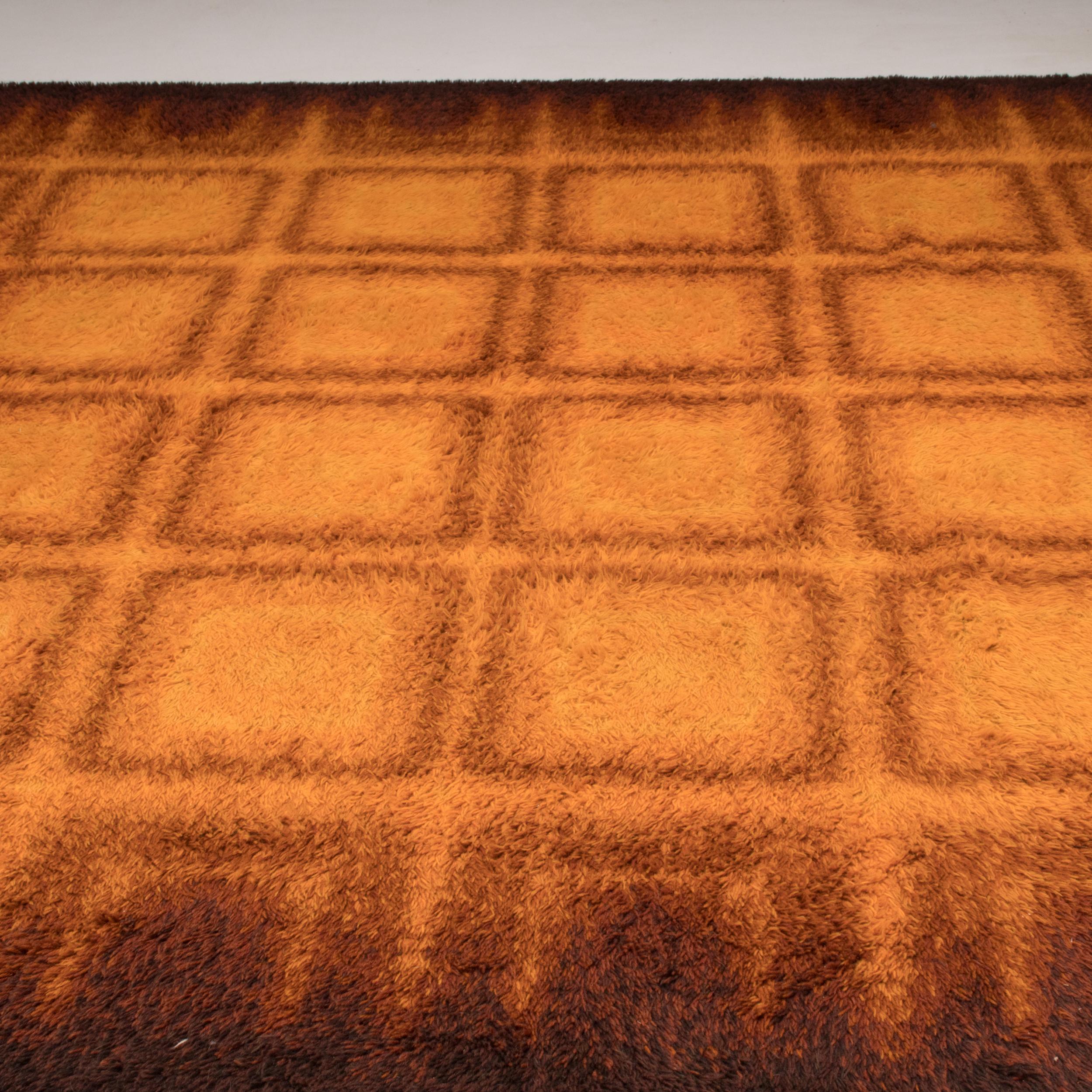 Wool 1970's Geometric Orange & Brown Shag Pile Rug For Sale