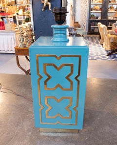 1970s Geometric Turquoise Lacquered Wood and Gold Brass Table Lamp