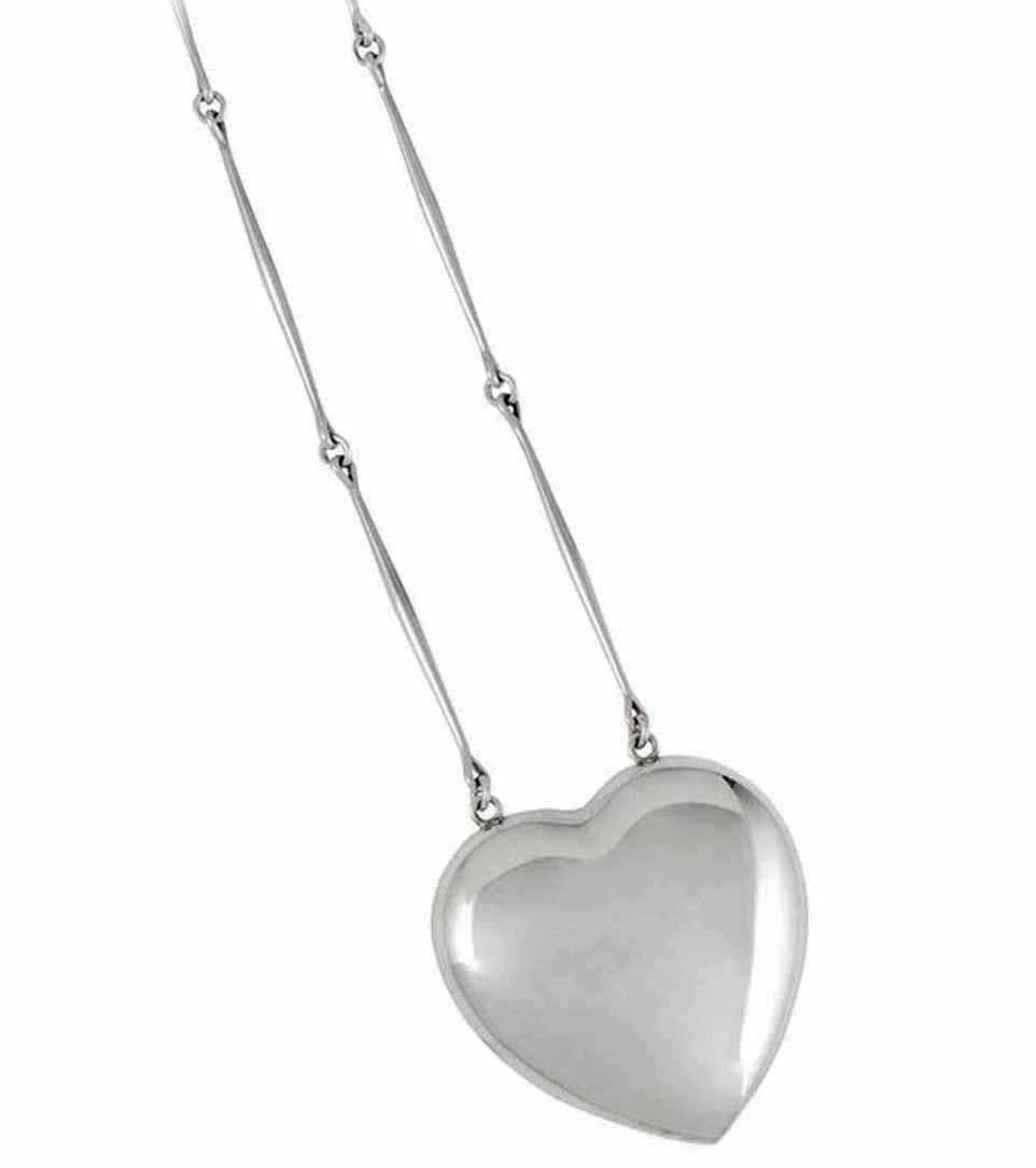 Large Georg Jensen Astrid Fog Joy Pendant Necklace, handmade, design number 126. The large heart pendant suspended from a necklace of twelve bar-form links.  Pendant: 2 ½ inches. Necklace: 28 inches. Total Item Weight: 100 grams. Full Jensen marks.