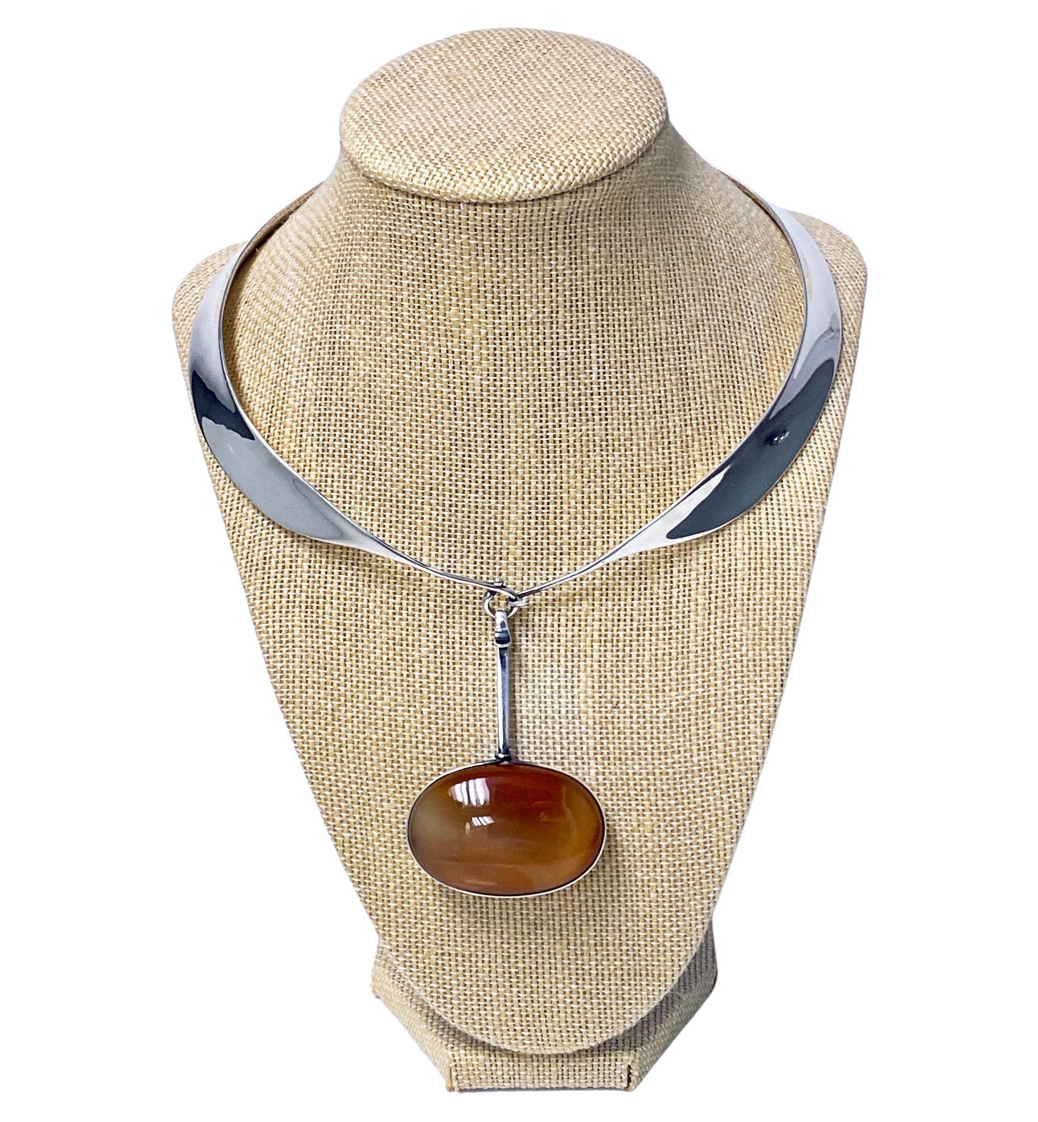 Cabochon 1970's Georg Jensen Sterling Red Agate Necklace Vivianna Torun For Sale