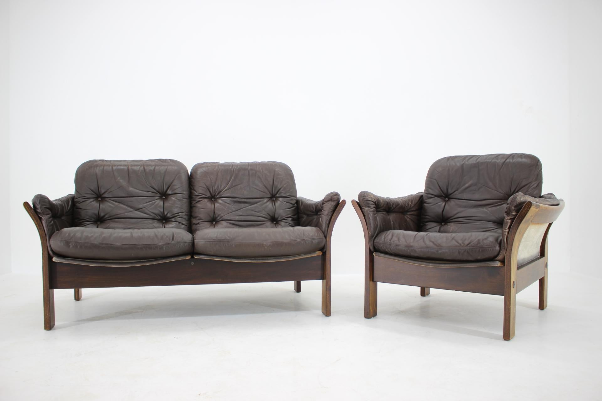 Mid-Century Modern 1970s Georg Thams 2-Seat Sofa and Armchair in Dark Brown Leather, Denmark