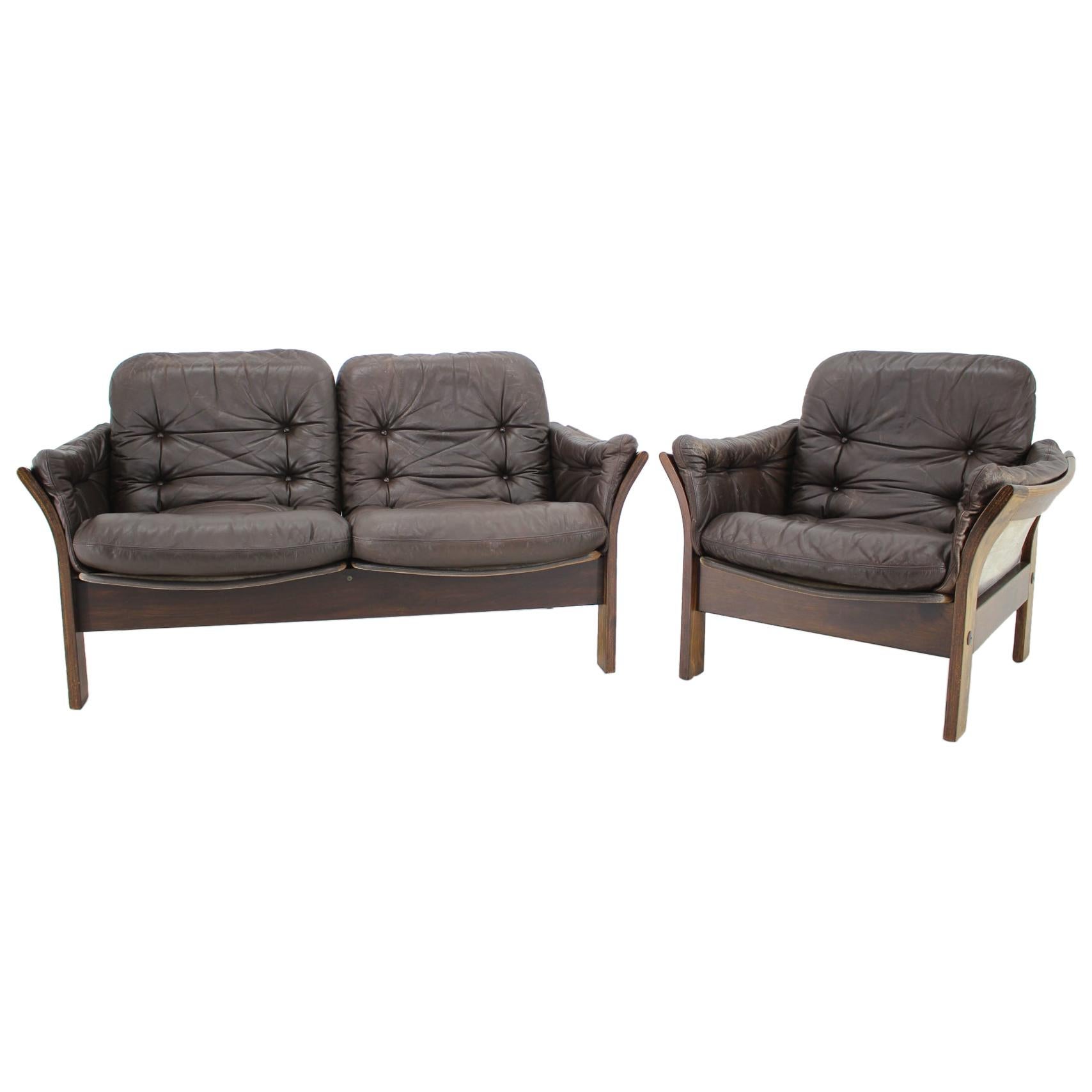 1970s Georg Thams 2-Seat Sofa and Armchair in Dark Brown Leather, Denmark