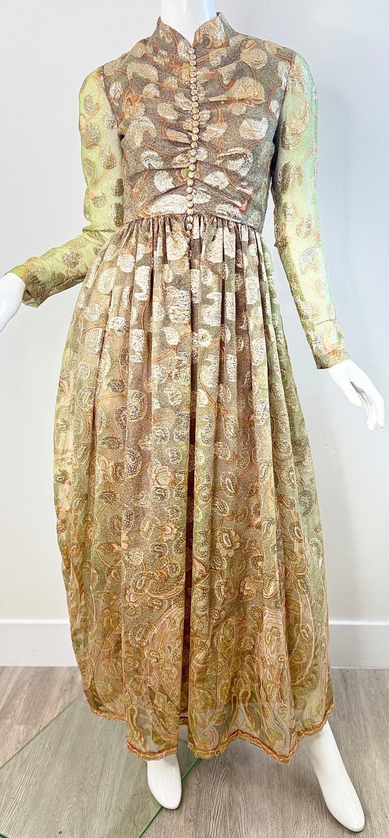 1970s George Halley Metallic Paisley Evening Gown High Neck 70s Couture  Dress For Sale at 1stDibs