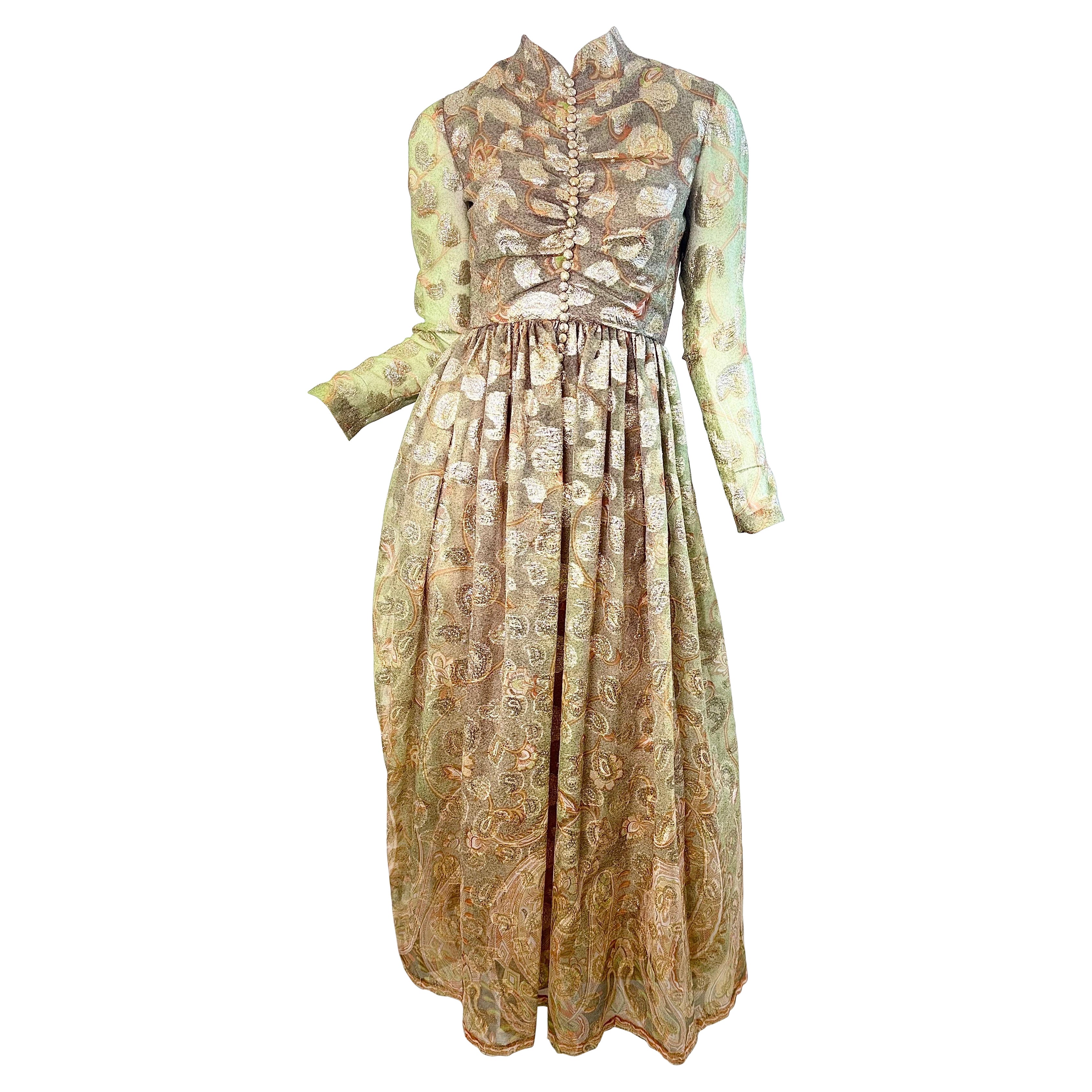 1970s George Halley Metallic Paisley Evening Gown High Neck 70s Couture Dress