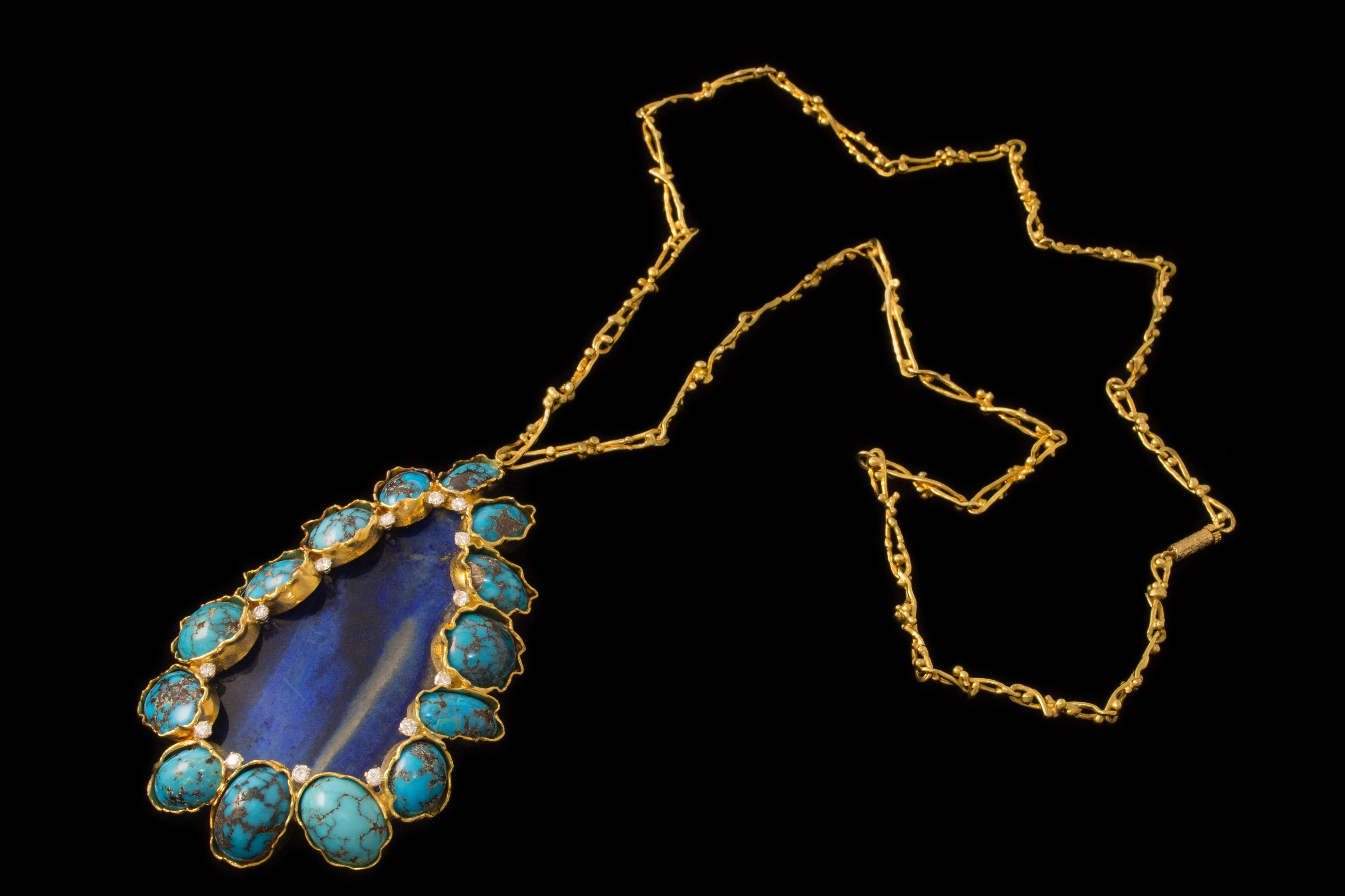 Modernist 1970s George Weil Lapis Lazuli, Turquoise, Diamond and Gold Pendant Necklace