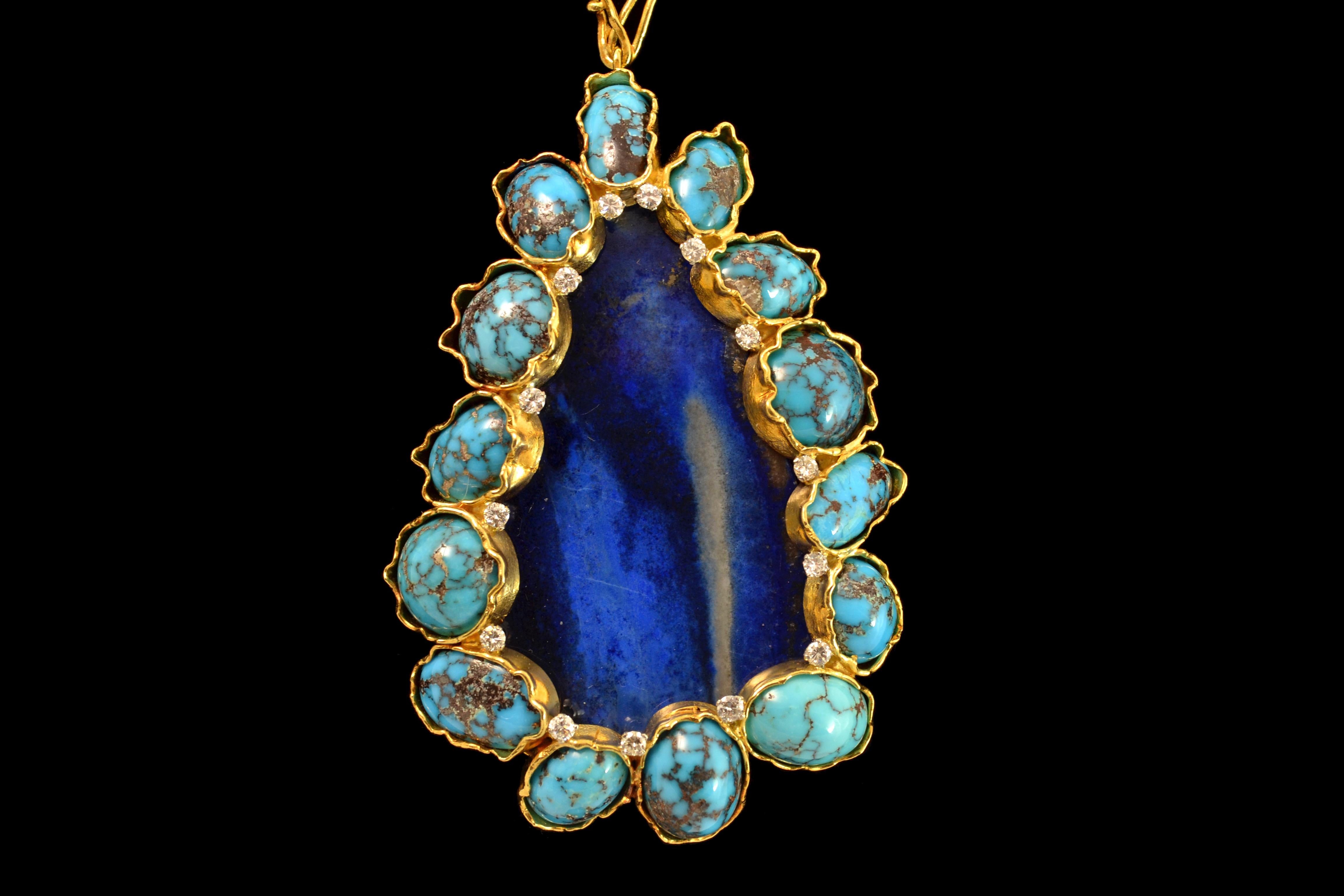 1970s George Weil Lapis Lazuli, Turquoise, Diamond and Gold Pendant Necklace In Excellent Condition In New York, NY