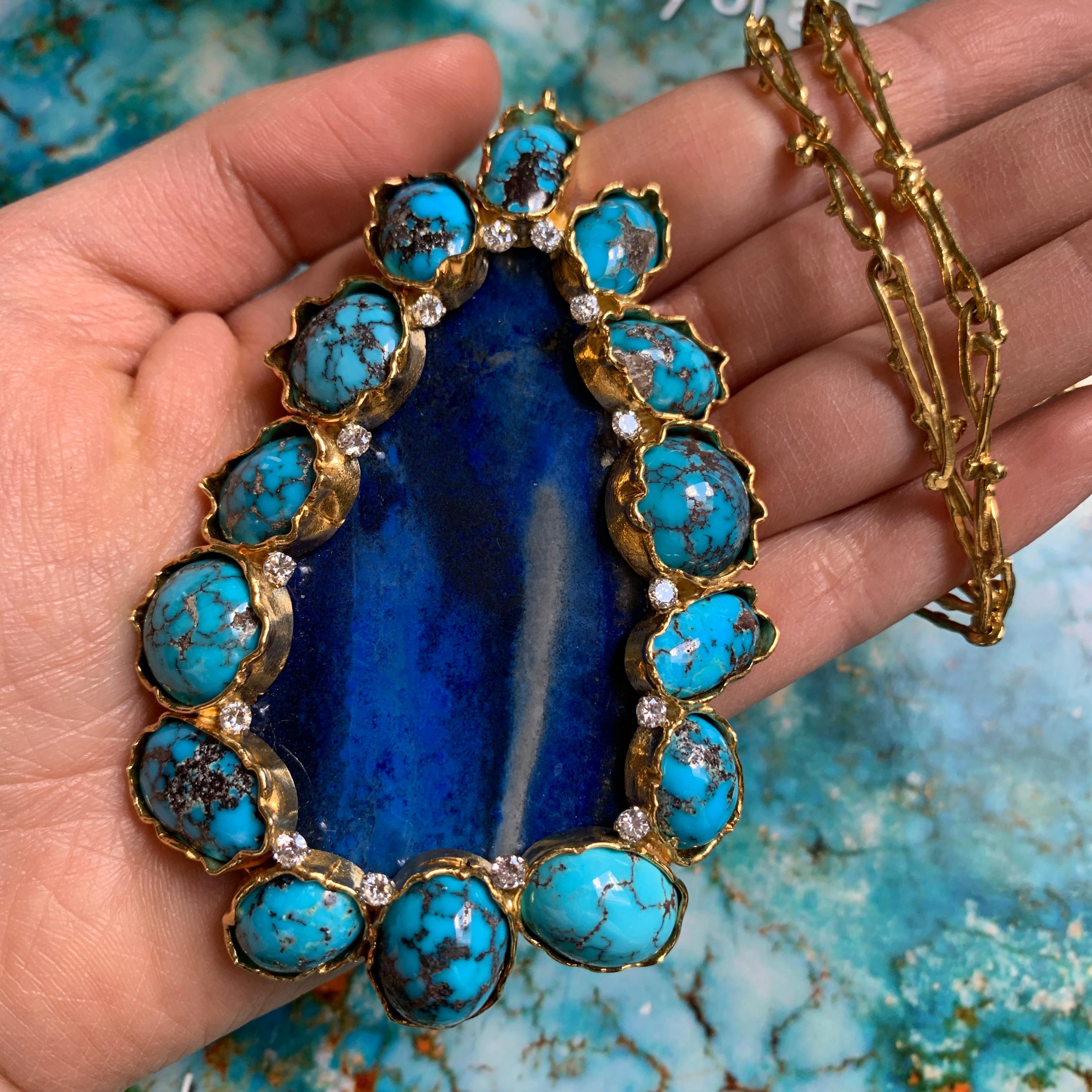Women's or Men's 1970s George Weil Lapis Lazuli, Turquoise, Diamond and Gold Pendant Necklace