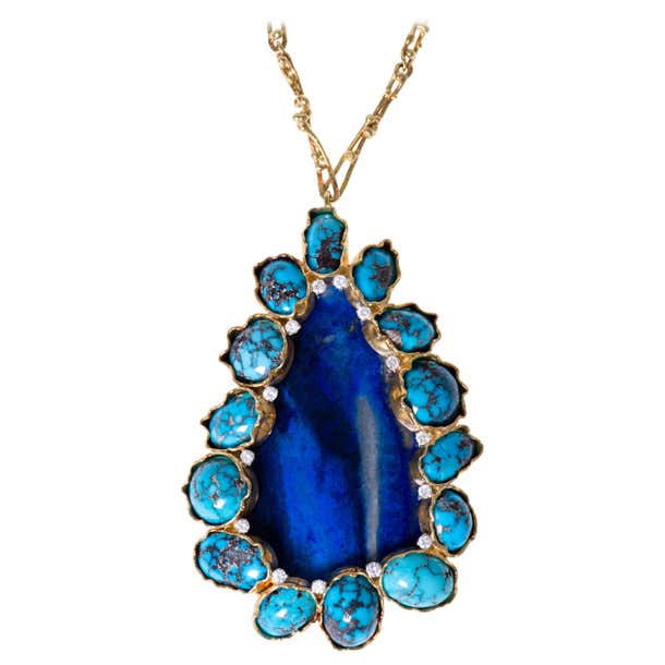 1970s George Weil Lapis Lazuli, Turquoise, Diamond and Gold Pendant ...
