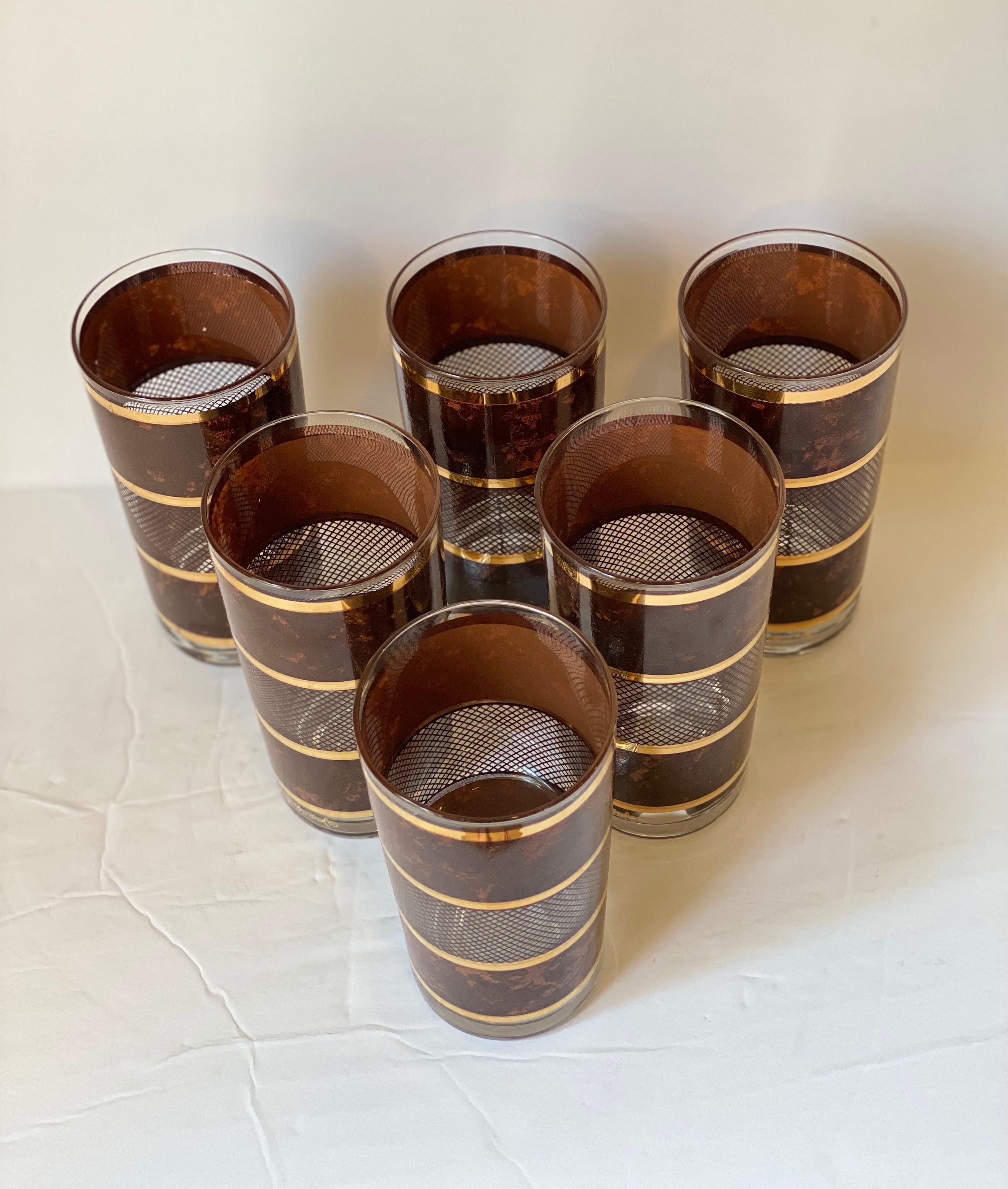 Hollywood Regency 1970s Georges Briard Barware Tortoise Lattice Gold Glasses – Set of 6