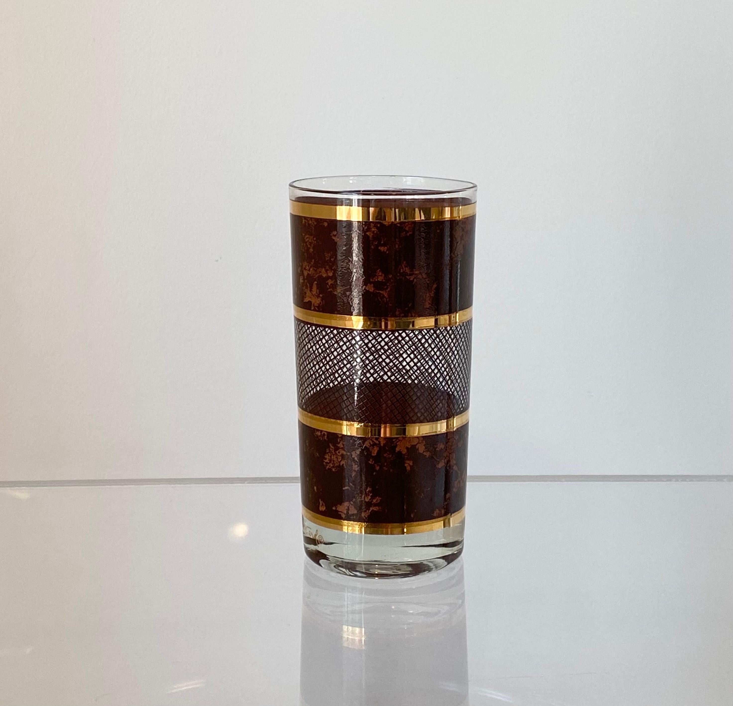 North American 1970s Georges Briard Barware Tortoise Lattice Gold Glasses – Set of 6
