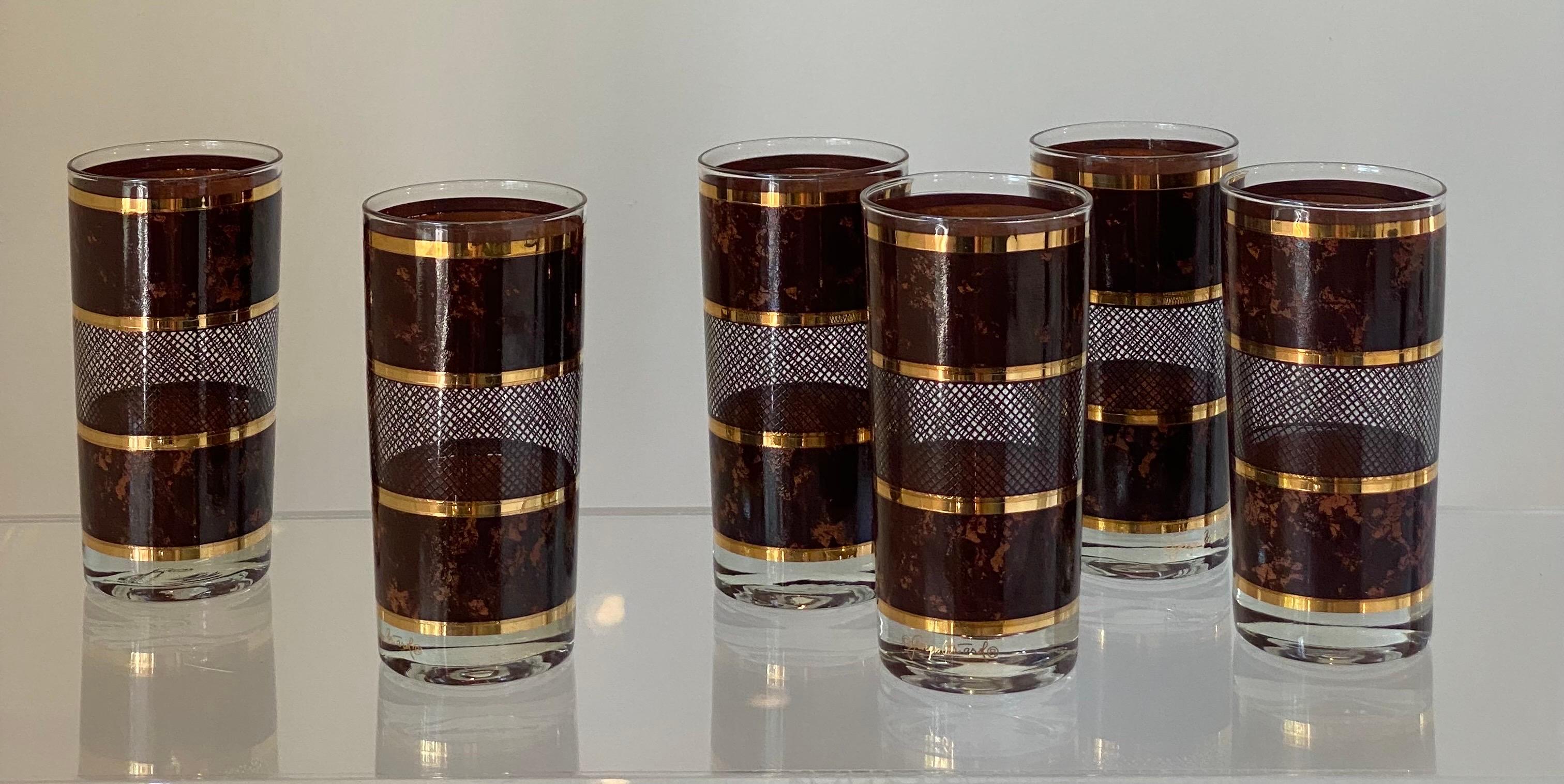 Late 20th Century 1970s Georges Briard Barware Tortoise Lattice Gold Glasses – Set of 6