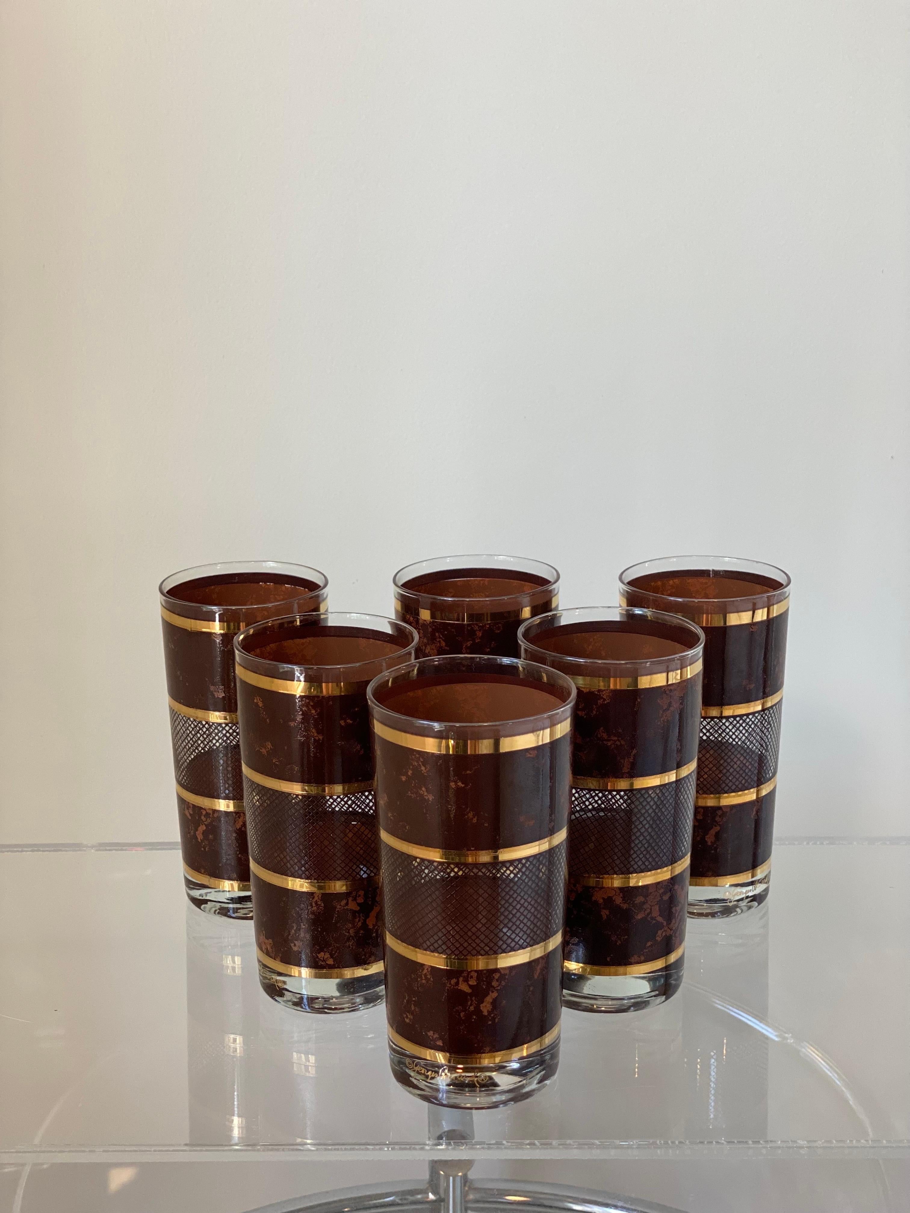 1970s Georges Briard Barware Tortoise Lattice Gold Glasses – Set of 6 1