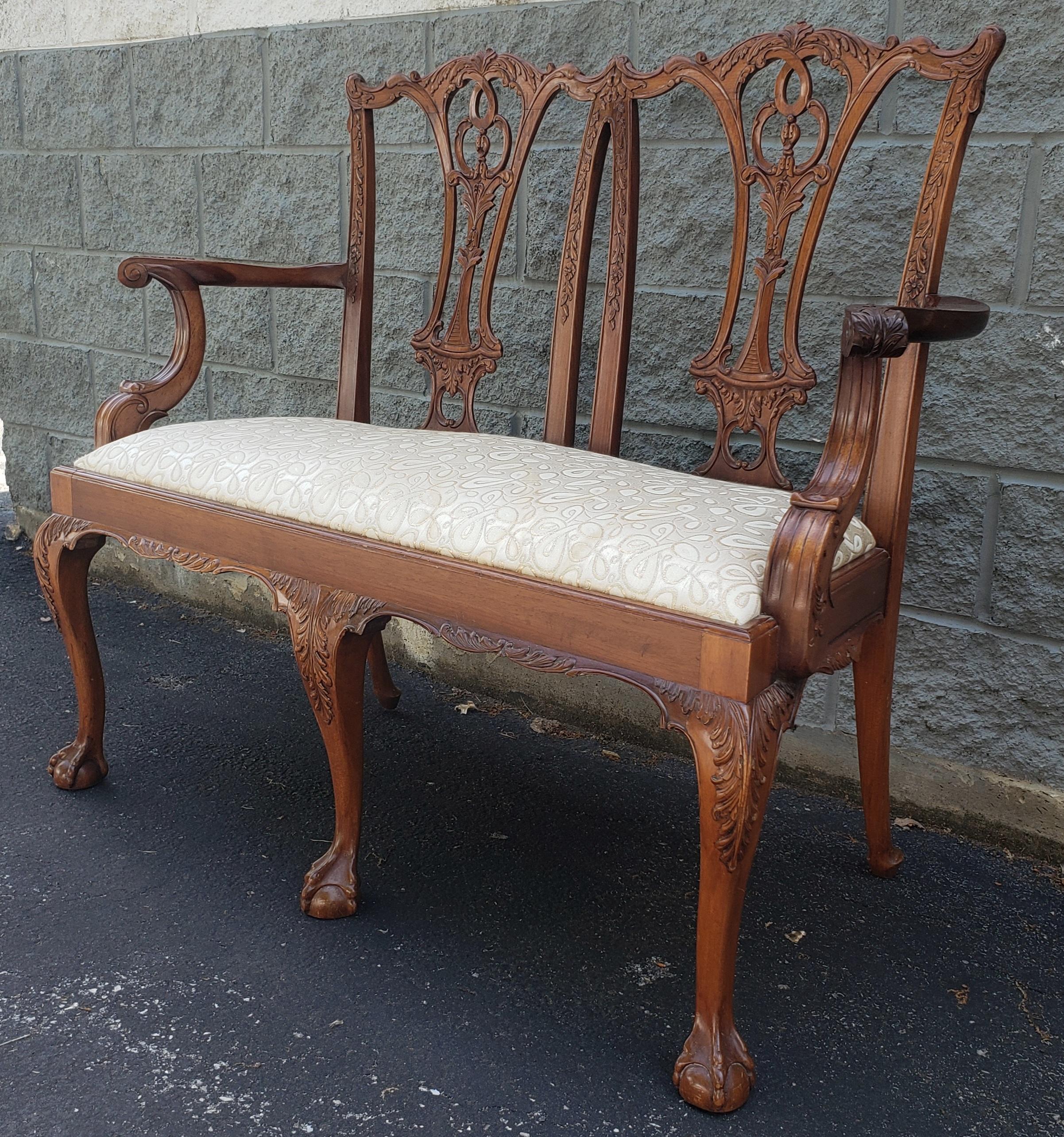 Korean 1970s Georgian Furnishing Chippendale Hand Carved Mahogany Upholstered Settee For Sale