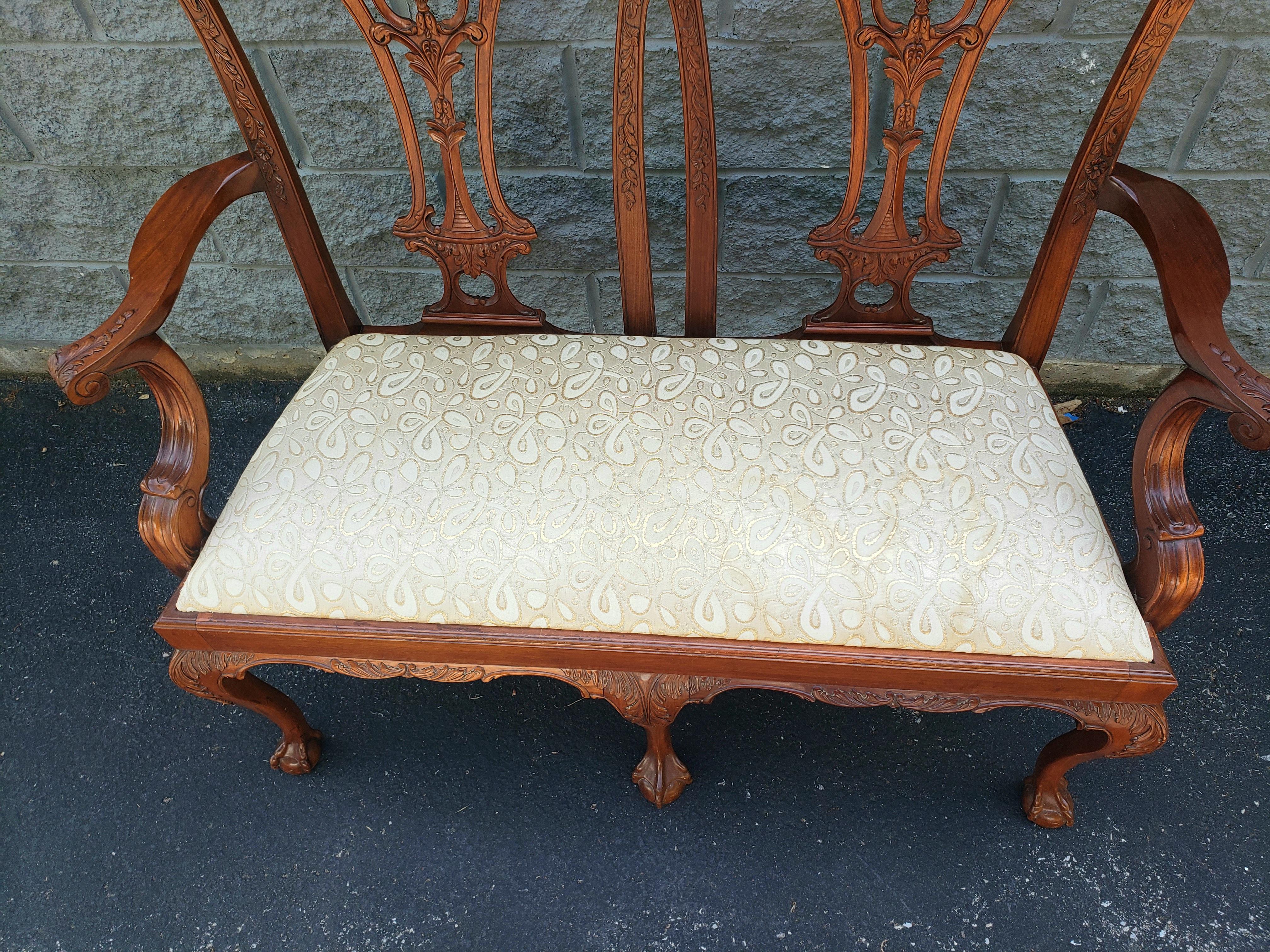 Hand-Carved 1970s Georgian Furnishing Chippendale Hand Carved Mahogany Upholstered Settee For Sale