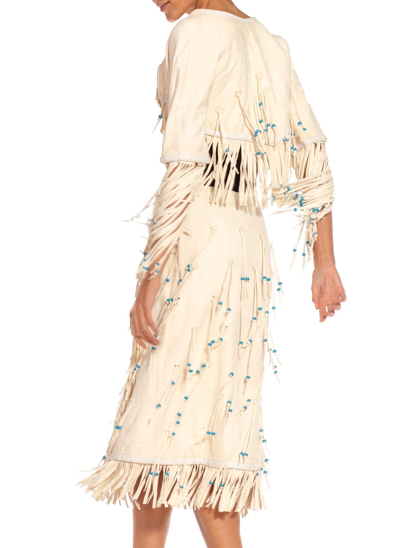 1970S GEORGIO SANT'angelo White & Blue Leather Suede Beaded Fringe Jacket Skirt For Sale 5