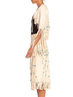 1970S GEORGIO SANT'angelo White & Blue Leather Suede Beaded Fringe Jacket Skirt