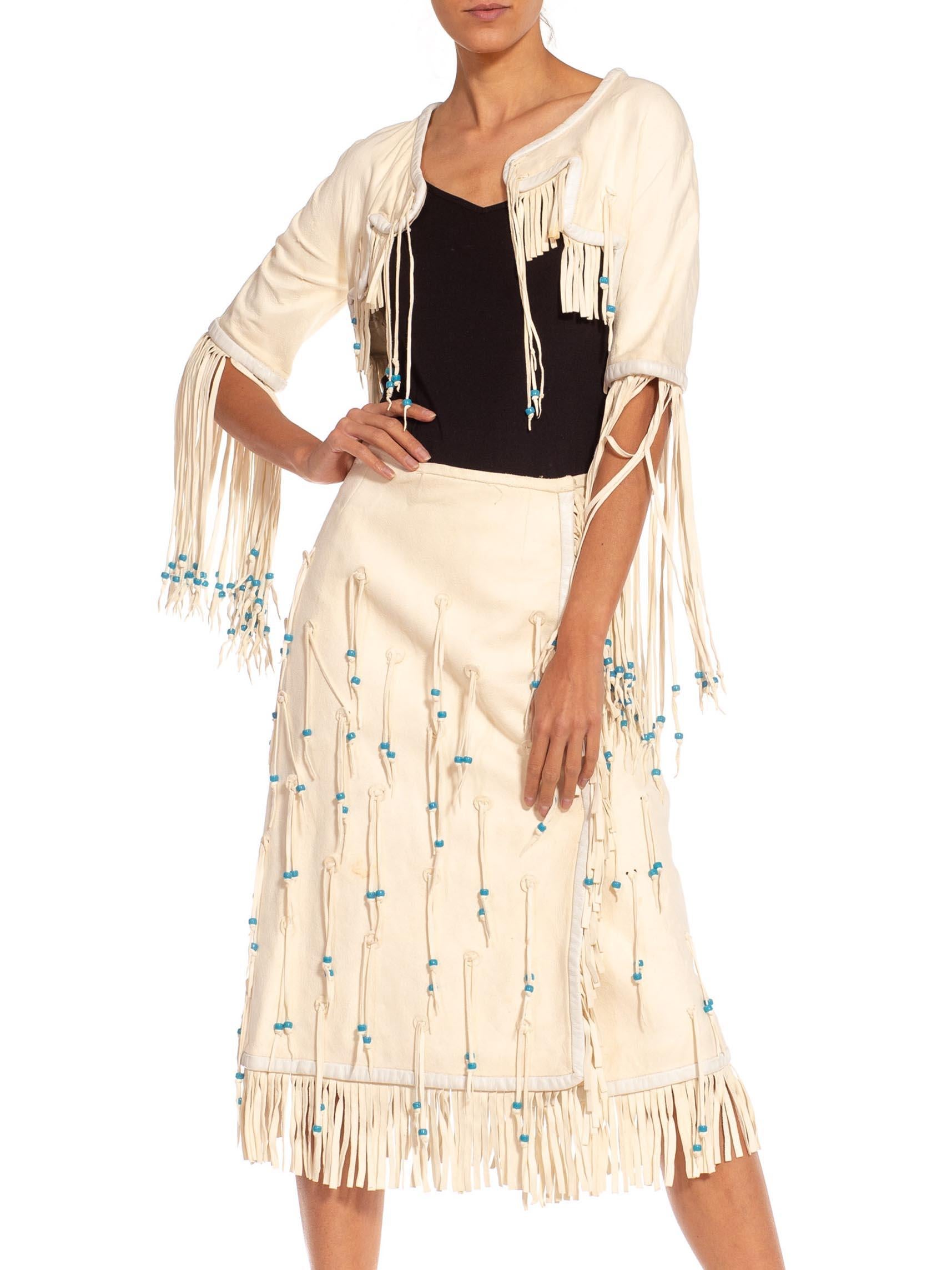 1970S GEORGIO SANT'angelo White & Blue Leather Suede Beaded Fringe Jacket Skirt In Excellent Condition For Sale In New York, NY