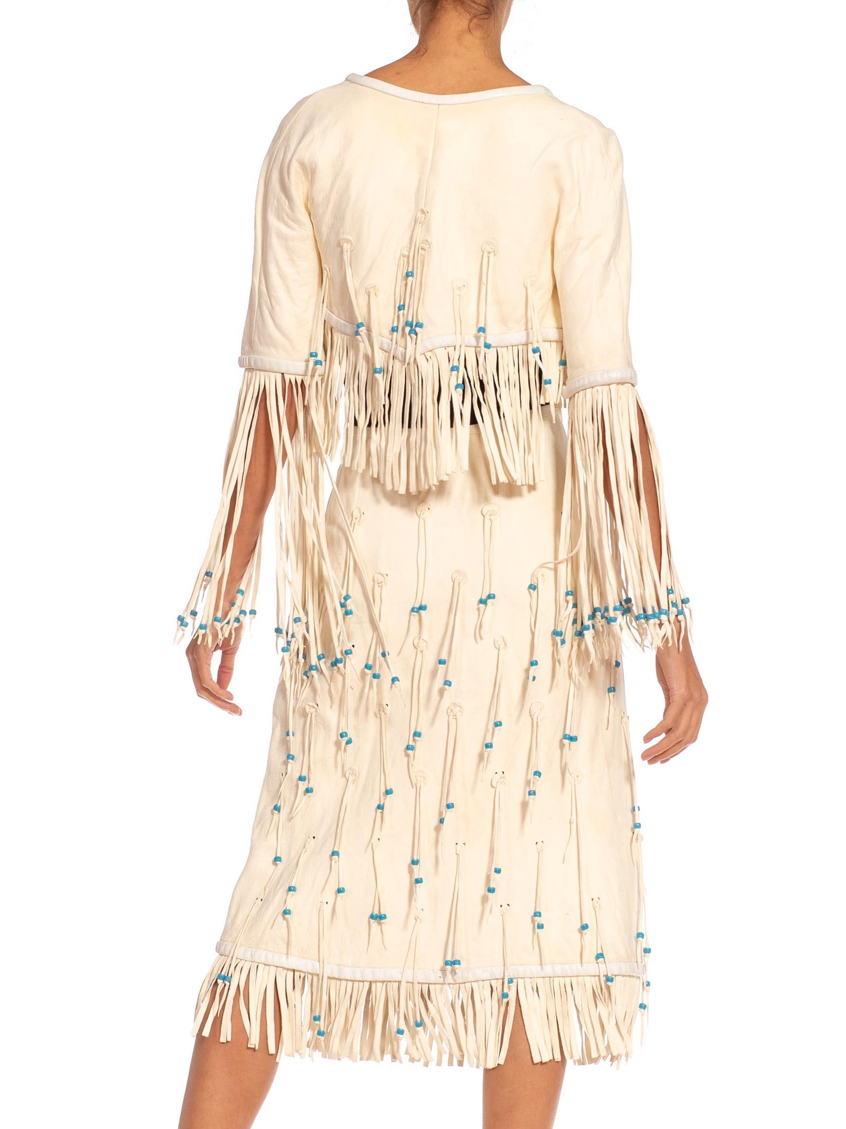 1970S GEORGIO SANT'angelo White & Blue Leather Suede Beaded Fringe Jacket Skirt For Sale 1