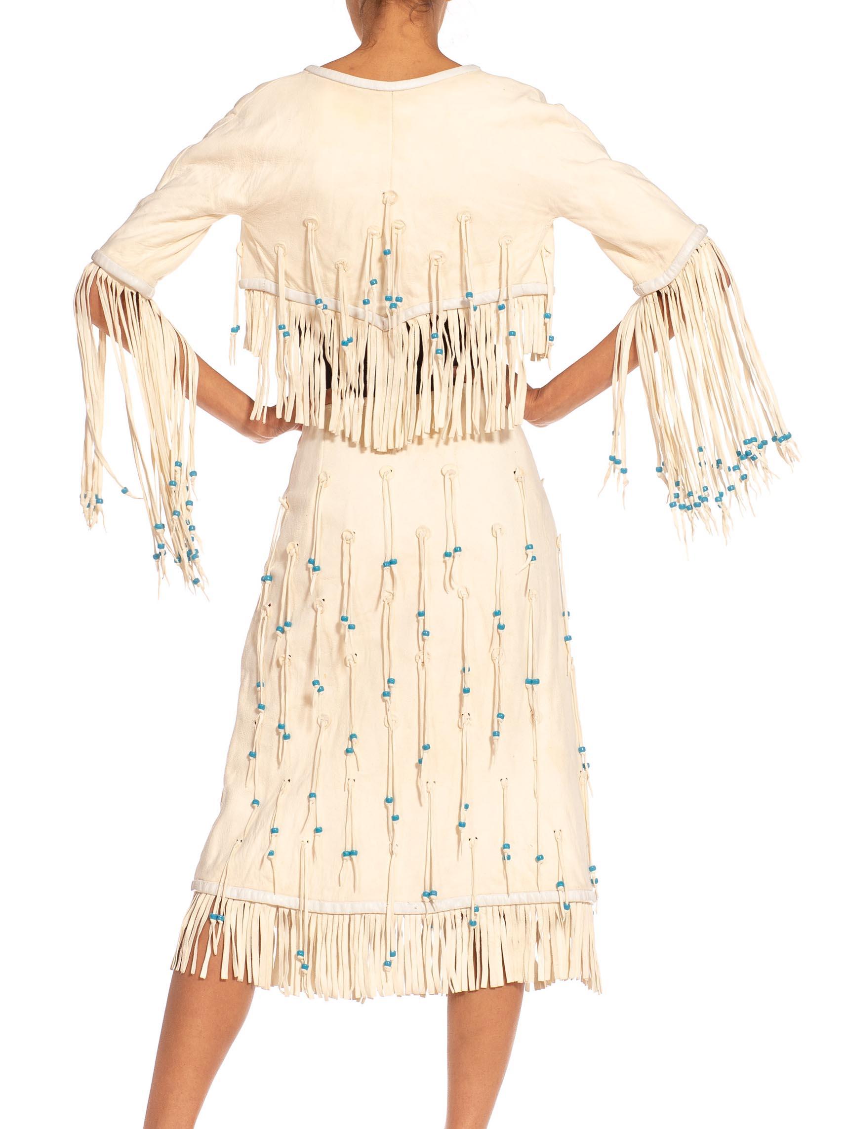1970S GEORGIO SANT'angelo White & Blue Leather Suede Beaded Fringe Jacket Skirt For Sale 2