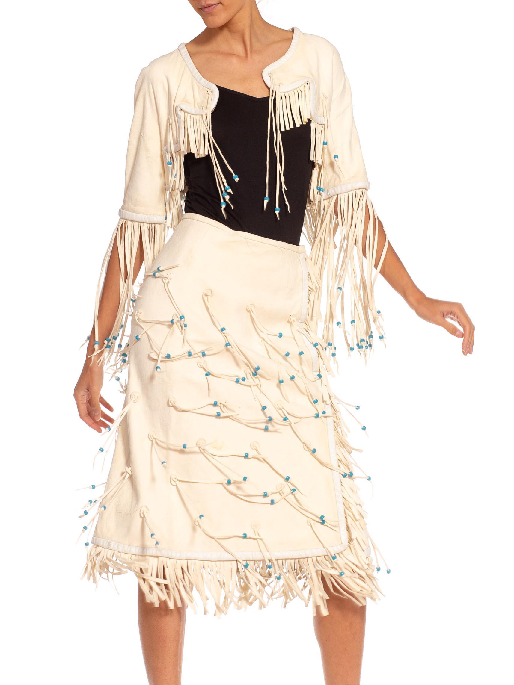 1970S GEORGIO SANT'angelo White & Blue Leather Suede Beaded Fringe Jacket Skirt For Sale 3