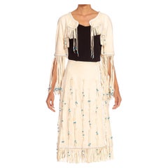 1970S GEORGIO SANT'angelo White & Blue Leather Suede Beaded Fringe Jacket Skirt