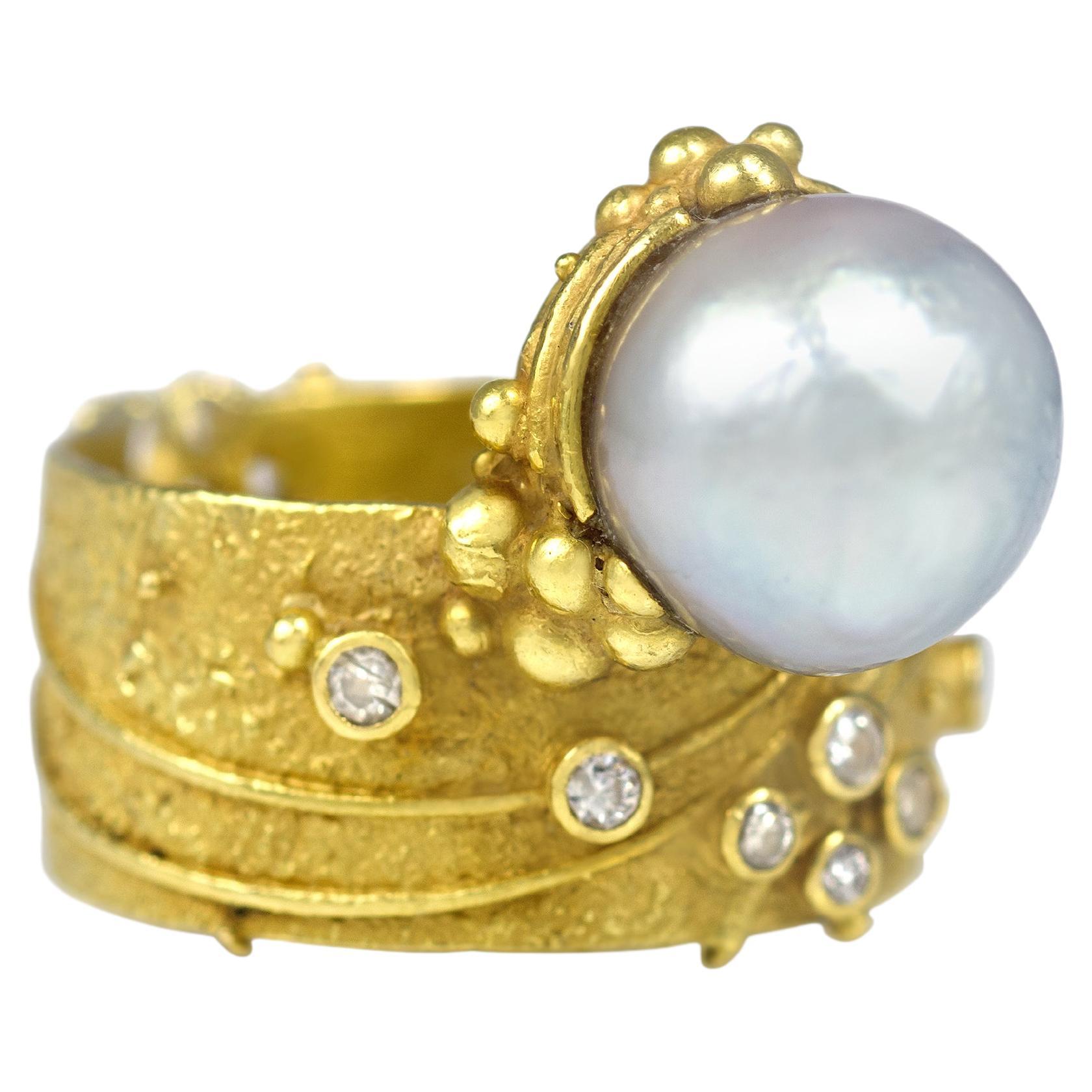Einzigartiger Gerda Flöckinger Perlen-Diamant-Gelbgold-Ring 1970er Jahre
