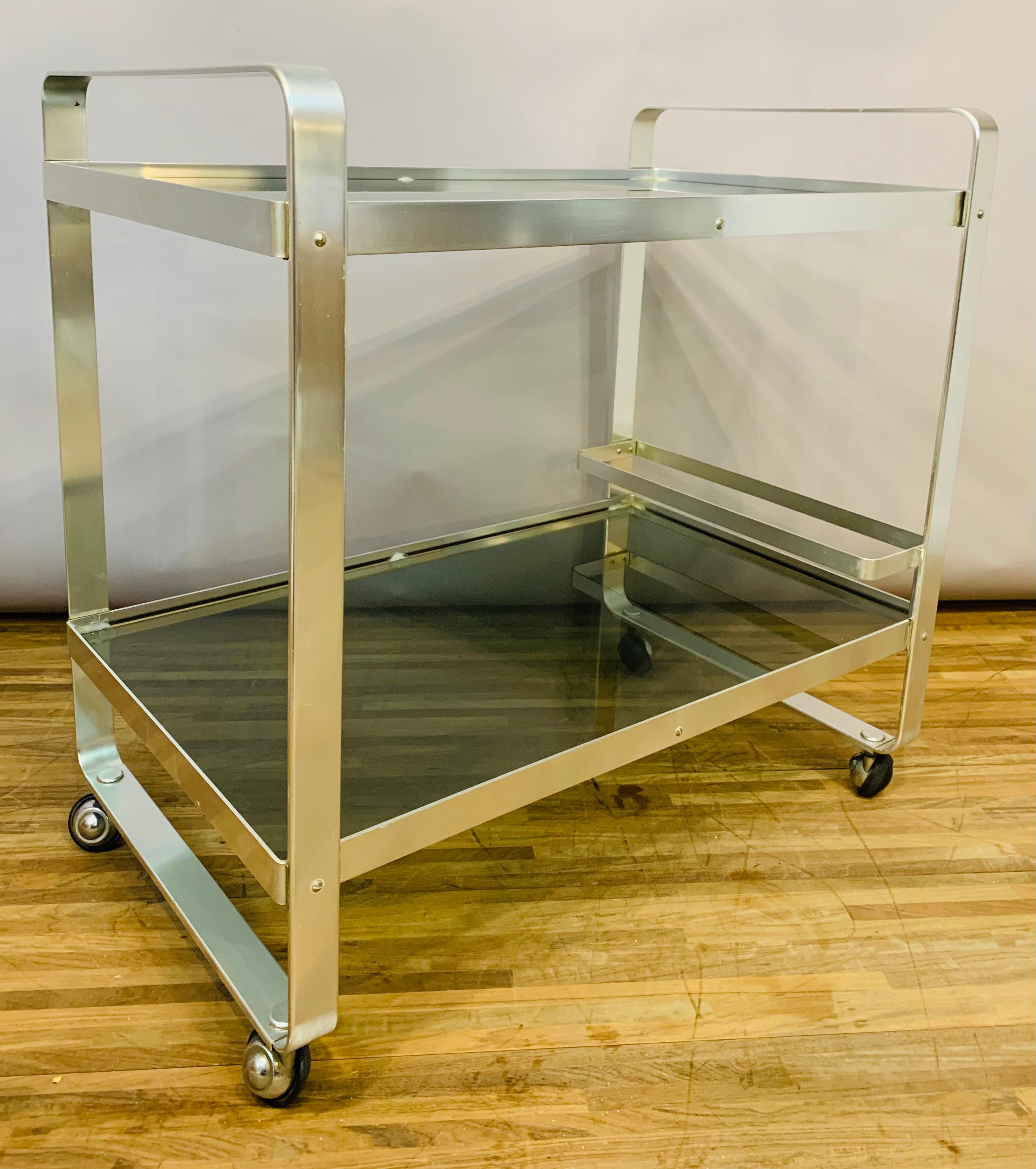 1970s German Av Handwerk Space Age Aluminium & Smoked Glass Drinks Bar Cart 4