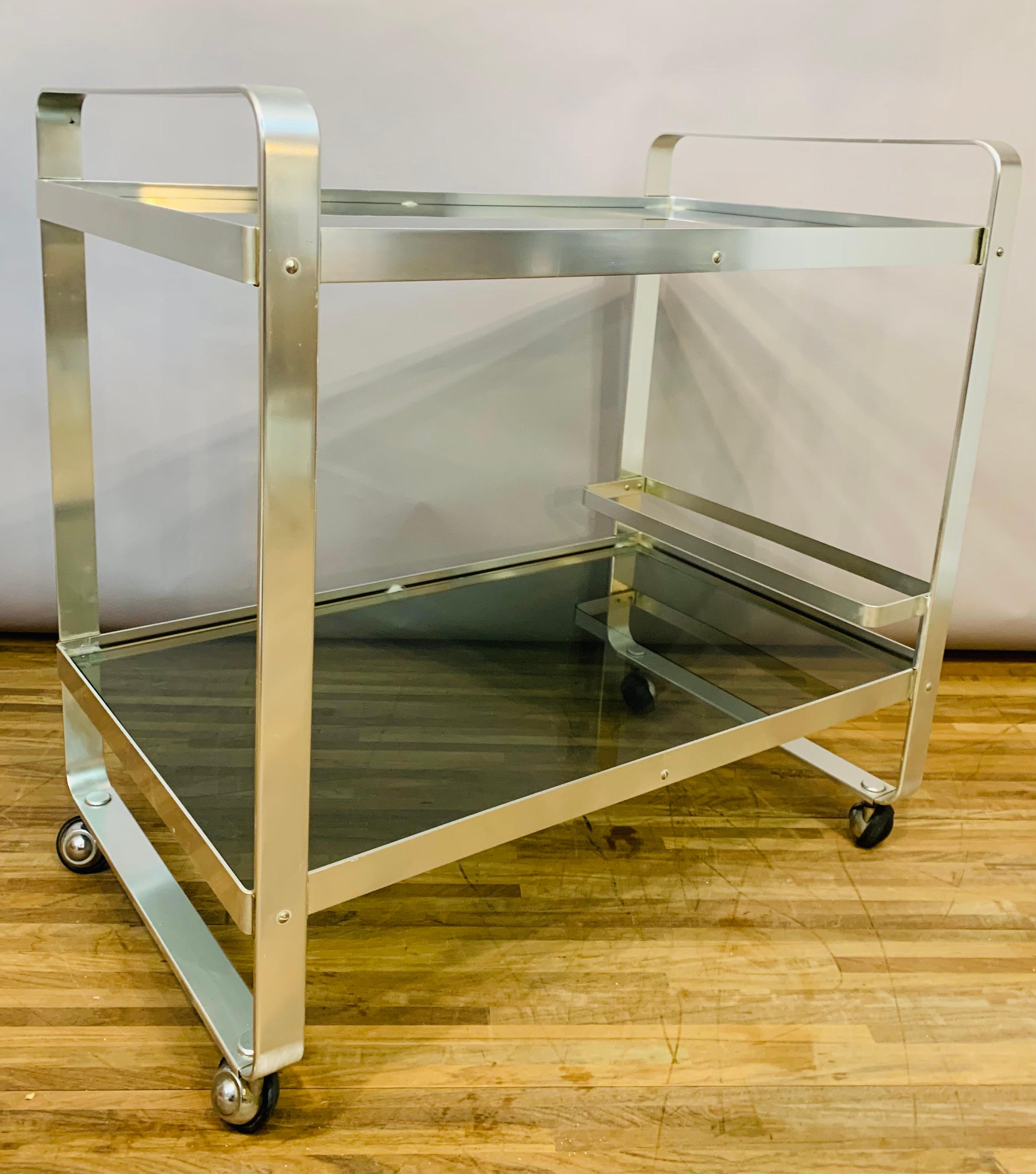 1970s German Av Handwerk Space Age Aluminium & Smoked Glass Drinks Bar Cart 3