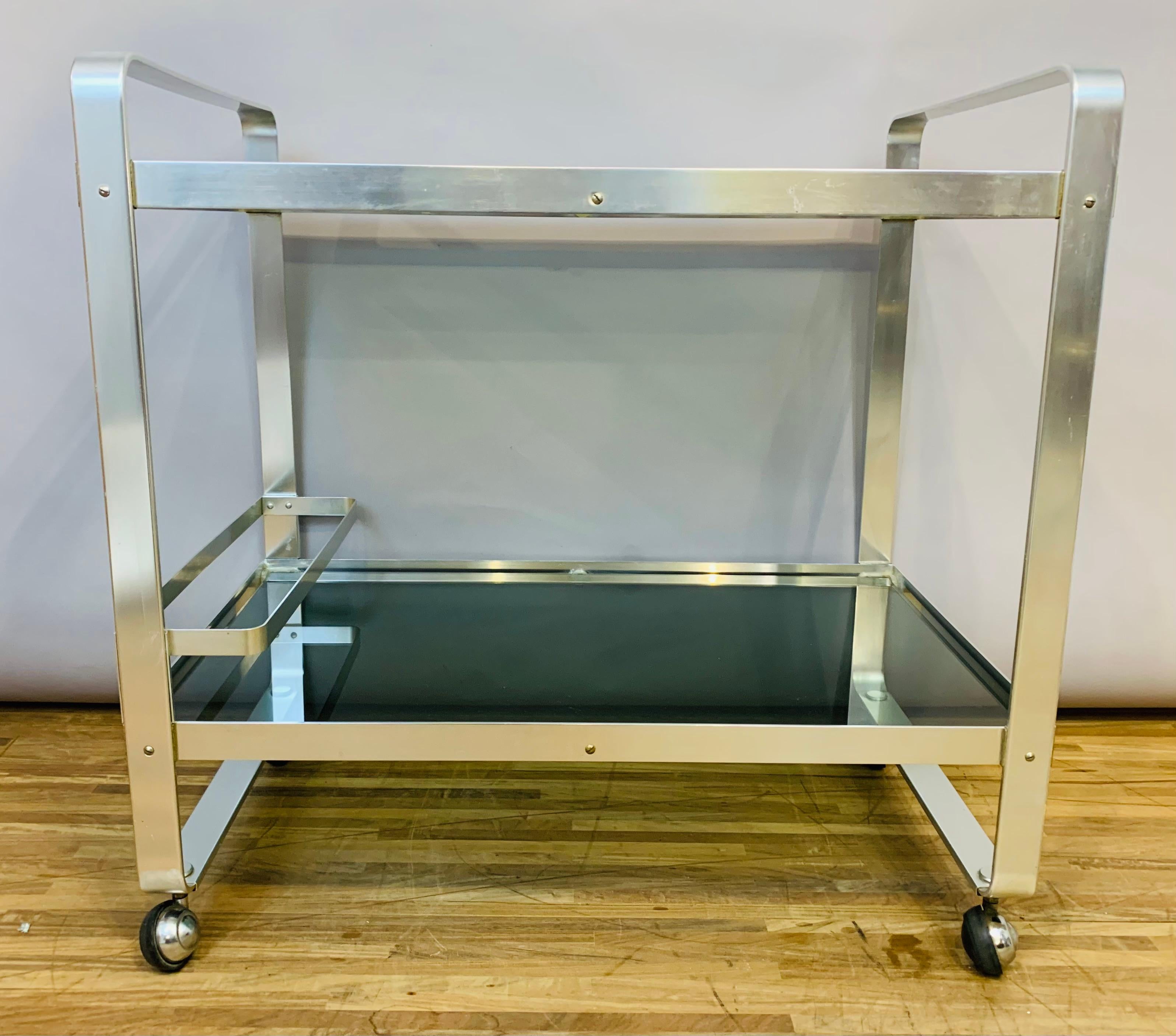 Mid-Century Modern 1970s German Av Handwerk Space Age Aluminium & Smoked Glass Drinks Bar Cart