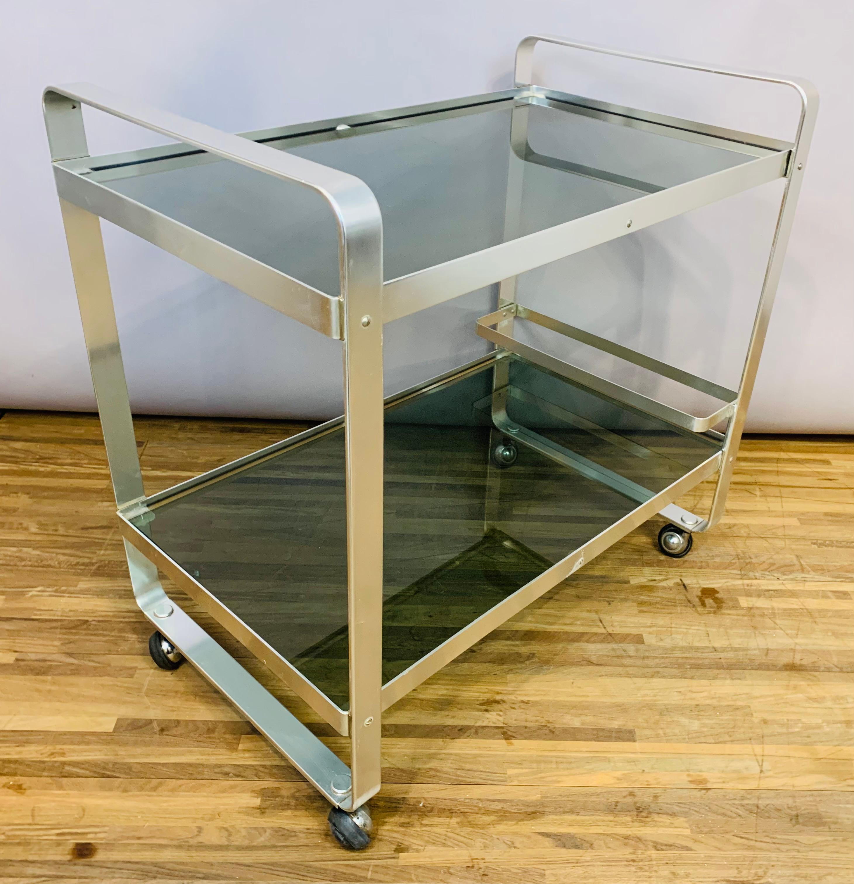 1970s German Av Handwerk Space Age Aluminium & Smoked Glass Drinks Bar Cart 2