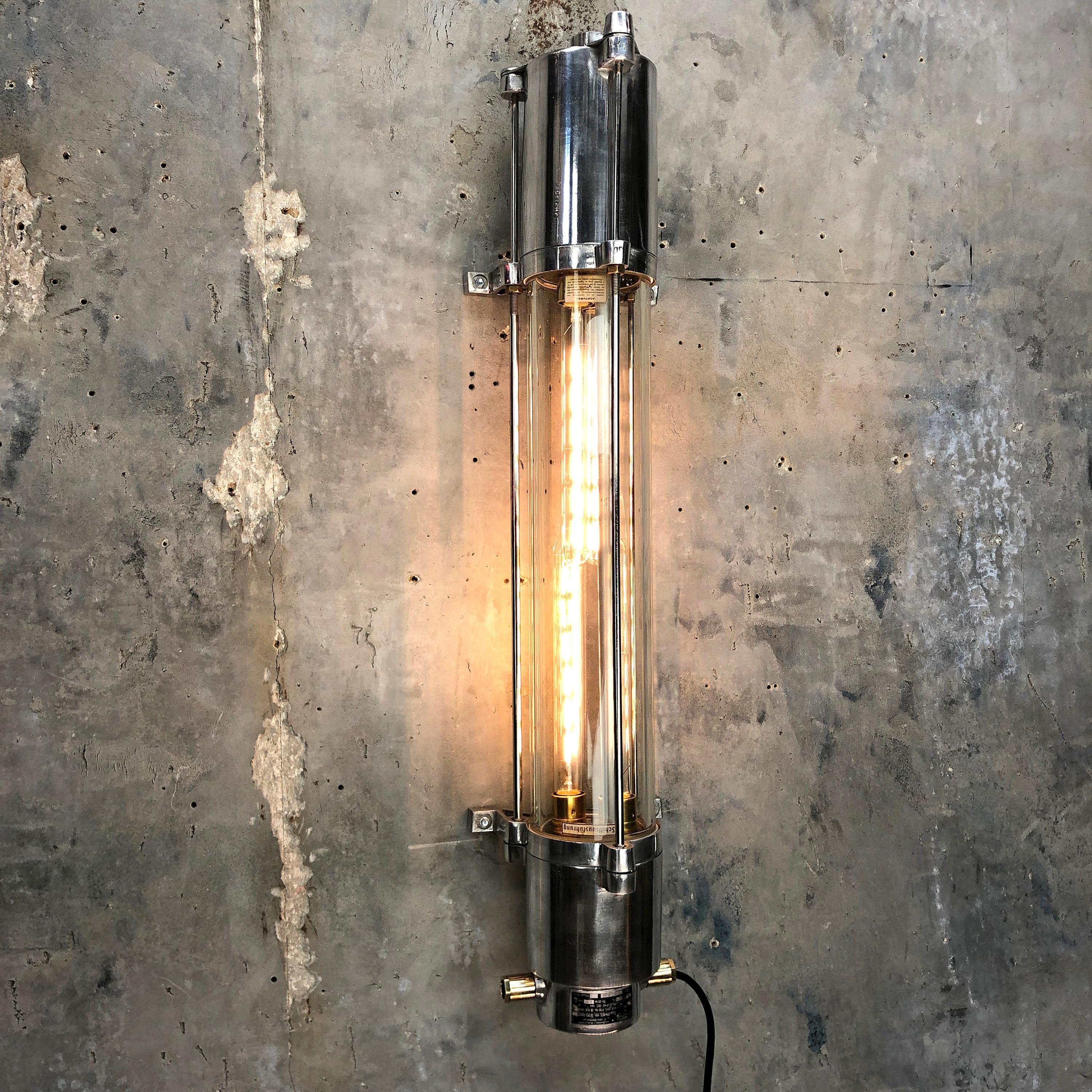 1970s German Cast Aluminium and Glass Edison LED Tube Flameproof Wall Striplight For Sale 4