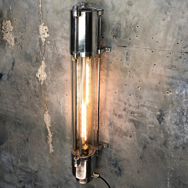 Industrial 1970s German Cast Aluminium and Glass Edison LED Tube Flameproof Wall Striplight For Sale