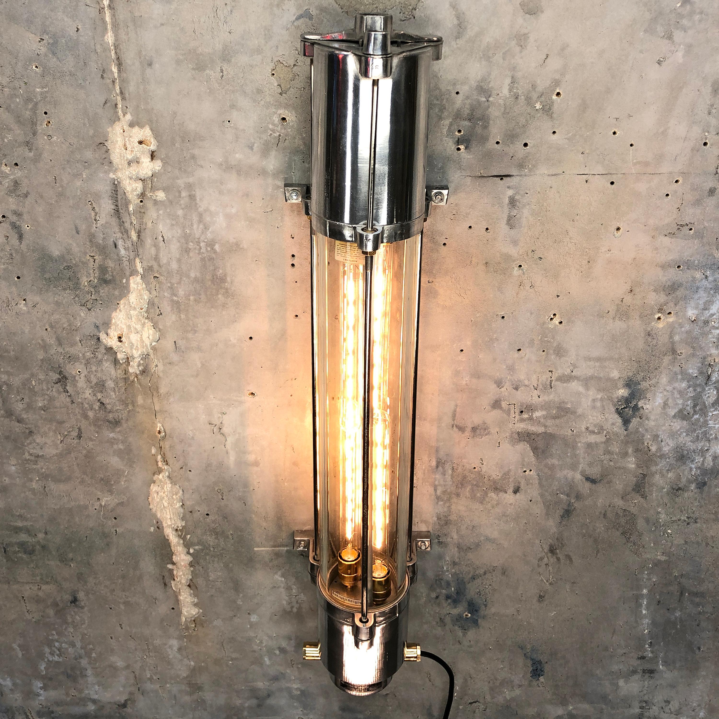 Tempered 1970s German Cast Aluminium and Glass Edison LED Tube Flameproof Wall Striplight For Sale